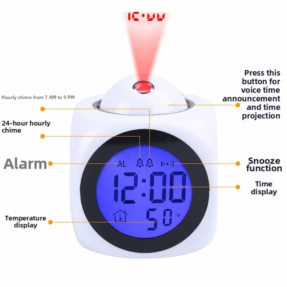 Proiettore Sveglia Bambini Display LCD Retroilluminato Annuncio Vocale Luce Notturna Snooze
