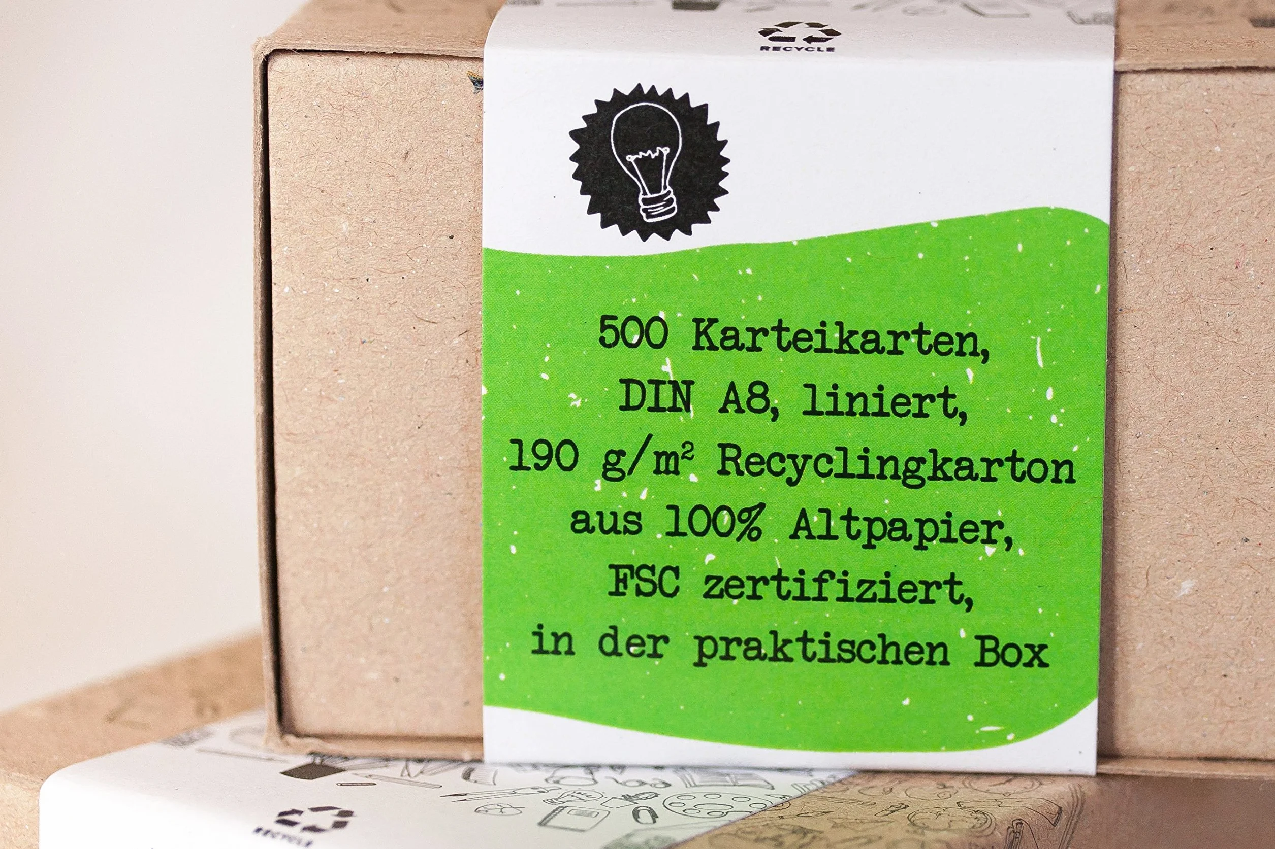 Flashcard DIN A8 7,4 x 5,2 cm 190 g/mq a righe certificate FSC scatola in cartone riciclato prodotto in Germania