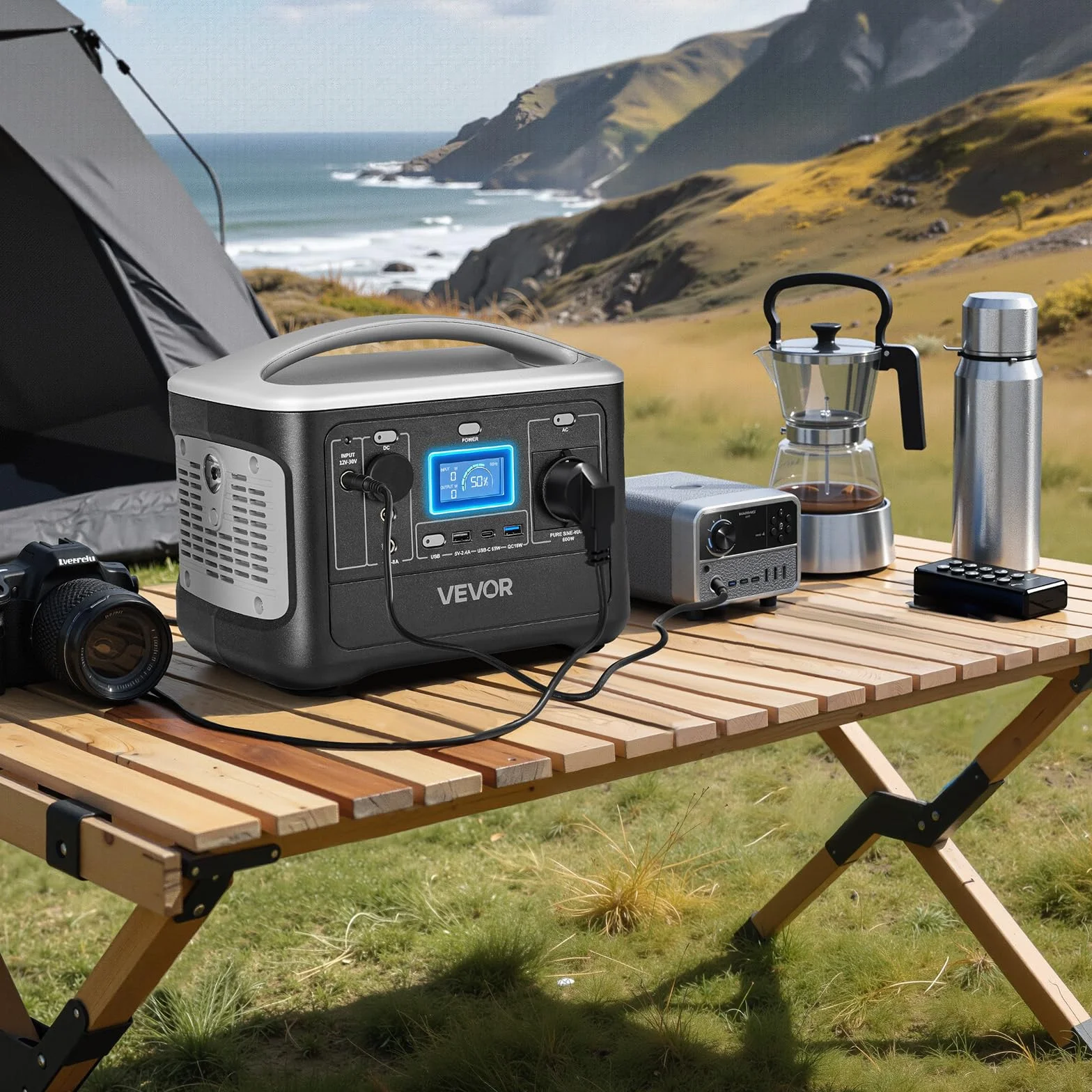 VEVOR Centrale Elettrica Portatile da Esterno Generatore da 600 W Batteria Backup LiFePO4 da 493 Wh con 7 Porte di Uscita per Emergenza, Generatore Solare per Campeggio Viaggio, Senza Pannello Solare