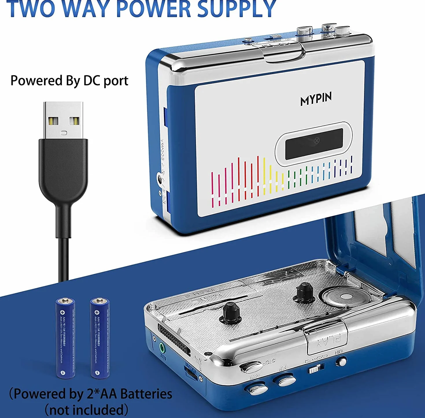 MYPIN Registratore a Cassetta, Lettore Cassette e Convertitore MP3 con Batterie AA e Alimentatore USB