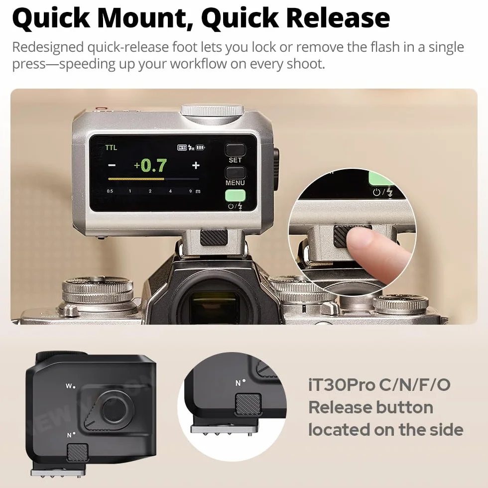 Godox iT30 Pro F Mini Flash per Fotocamera Fuji TTL HSS 1/8000s 2.4G Wireless X System 7.1 cm Touch Screen 900 mAh Litio Nero
