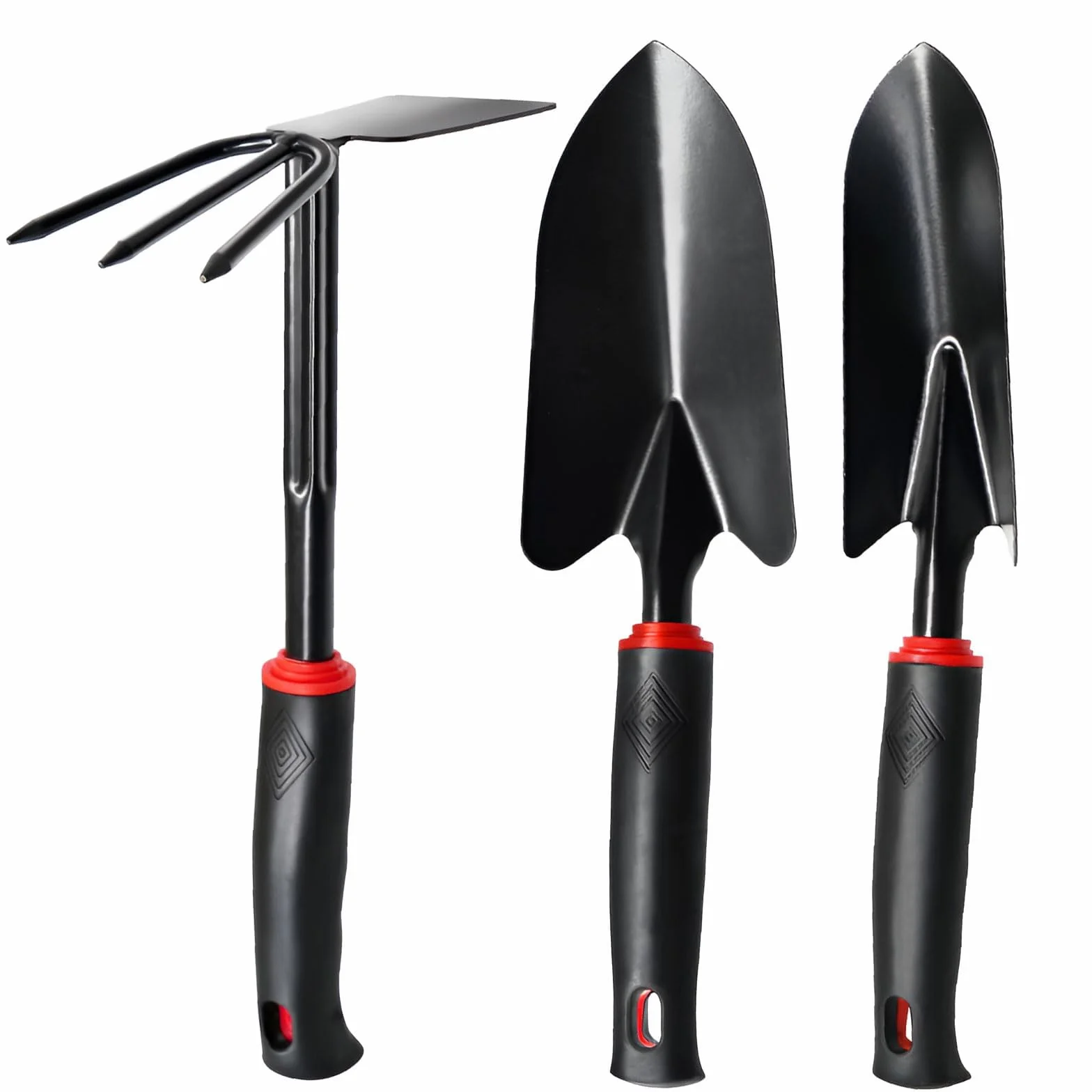 Kit Giardinaggio 3 Pezzi – Set Attrezzi da Giardino in Acciaio Inossidabile con Impugnatura Antiscivolo, Paletta Giardinaggio, Trapiantatore e Zappa Doppia per Orto, Serre, Fioriere e Scavo