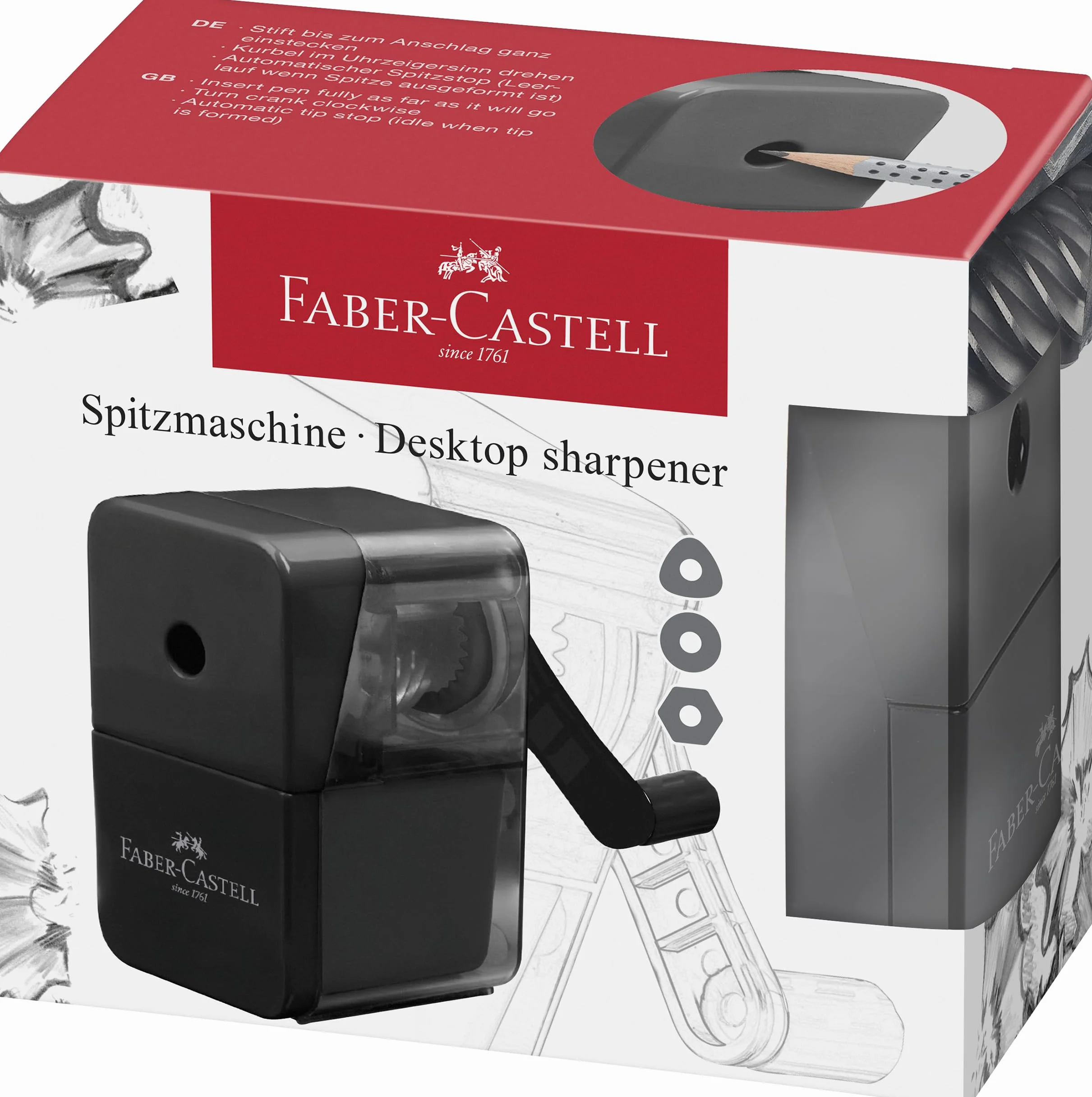 Faber-Castell Temperino Con Manovella E Grande Contenitore, Per Matite Fino a 8,4 Mm, Affilatura Facile E Precisa