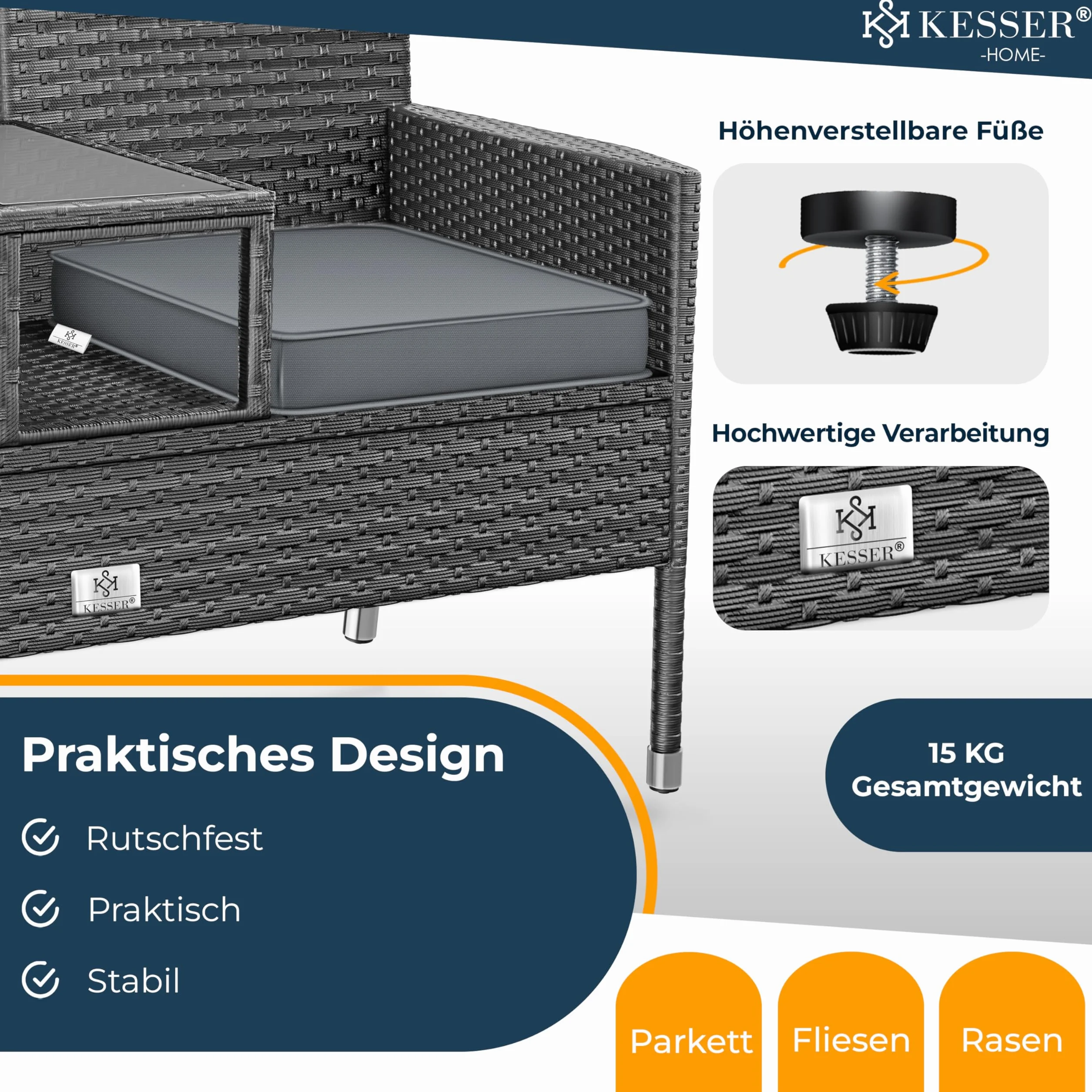KESSER® Panca da giardino in polyrattan con tavolo integrato + cuscini, 2 posti, 133 × 55 × 84 cm, Panca in rattan, Giardino, Balcone, Divano da giardino - Resistente alle intemperie, Antracite