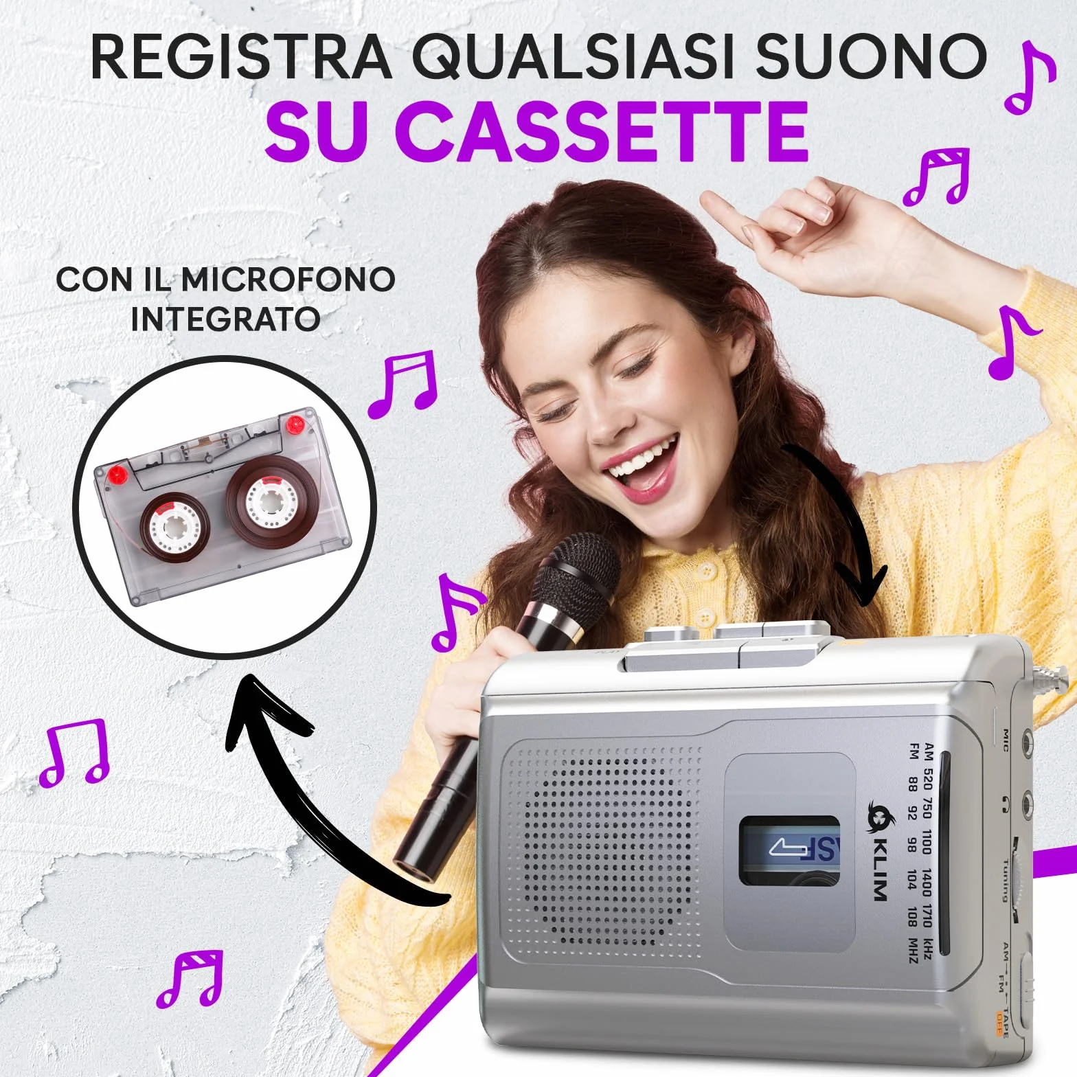 KLIM K8 Lettore Cassette Audio Registratore Radio AM/FM Argento