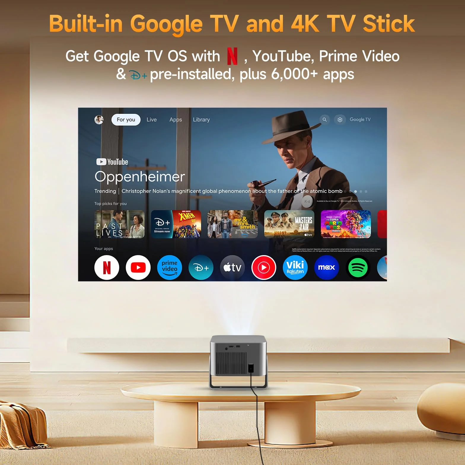 Proiettore 4K con Google TV, nativo Full HD 1080p, mini proiettore home theater, Bluetooth, WiFi, messa a fuoco automatica, correzione trapezoidale 6D
