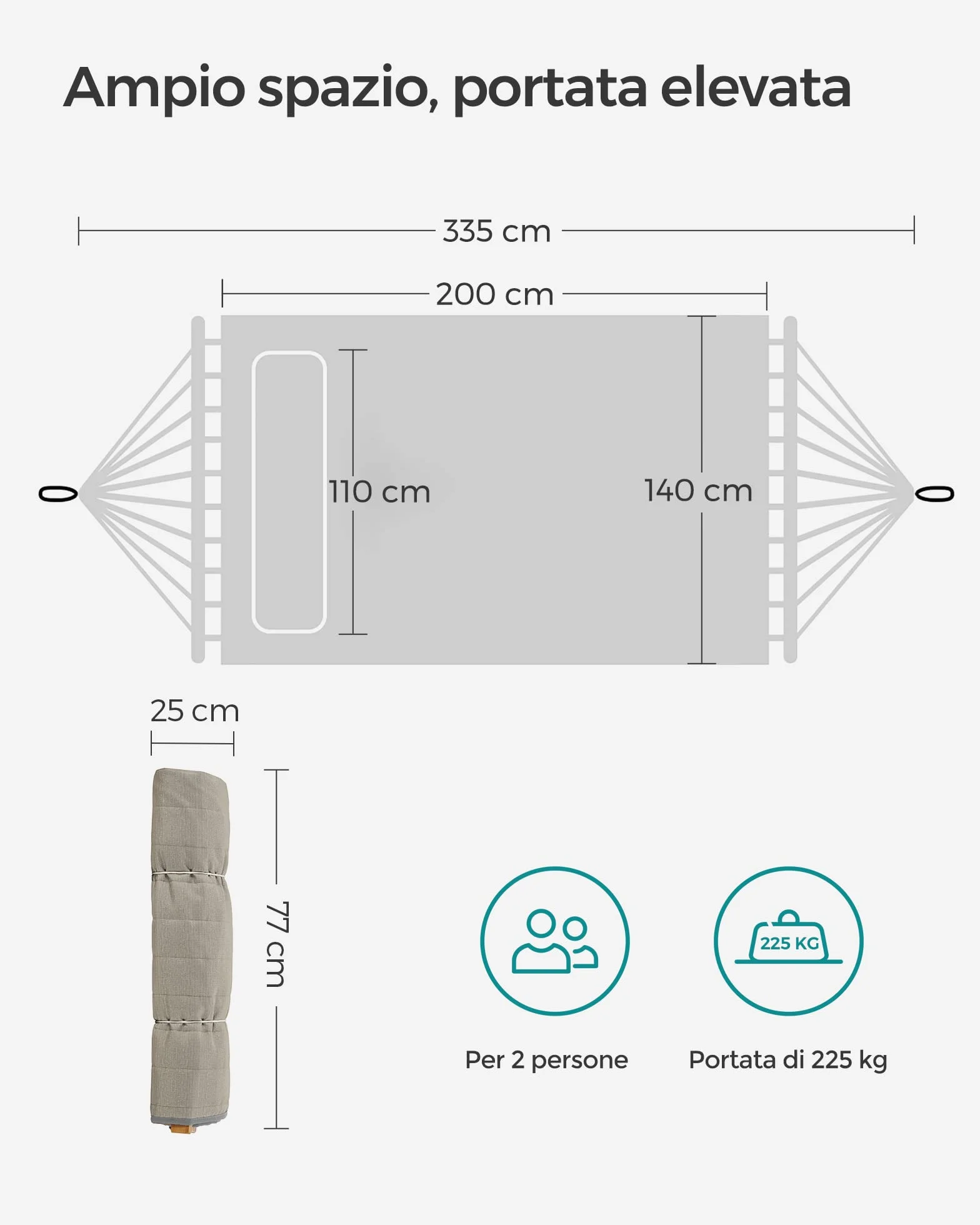 SONGMICS Amaca Doppia Imbottita da Campeggio Giardino con Barre Curve in Bambù, Cuscino, 200x140 cm, 225 kg, Grigio Beige GDC34CG