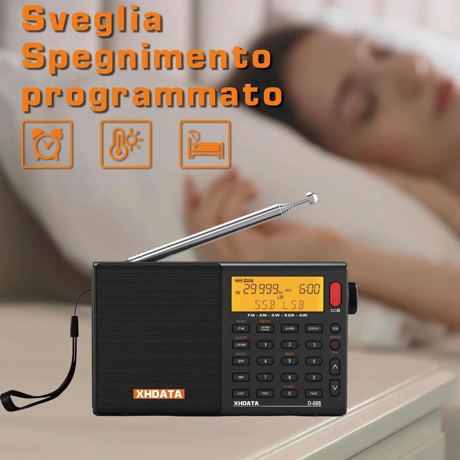 XHDATA D-808 Radio digitale portatile FM Stereo SW MW LW SSB RDS Air Band Multi Band con ATS, display LCD, nero