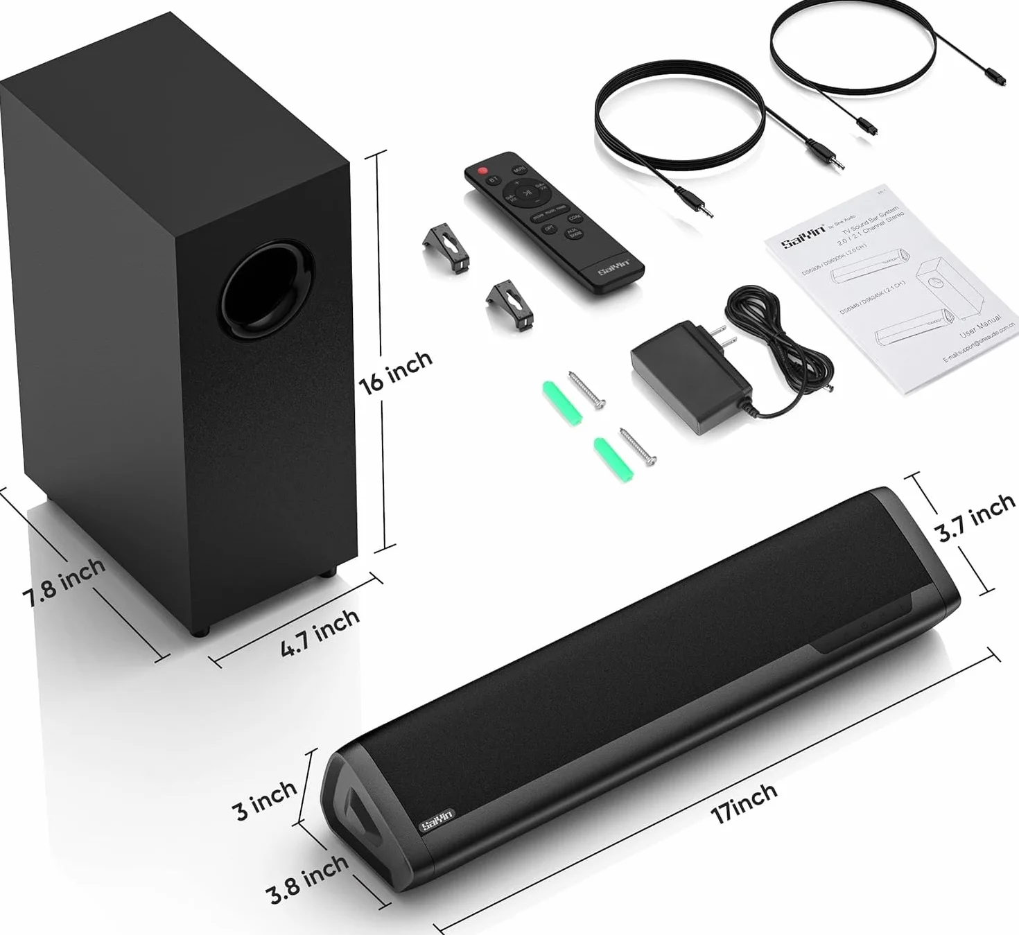 Saiyin Soundbar con Subwoofer per TV 17 Pollici 2.1 Canali Bluetooth Ottico AUX