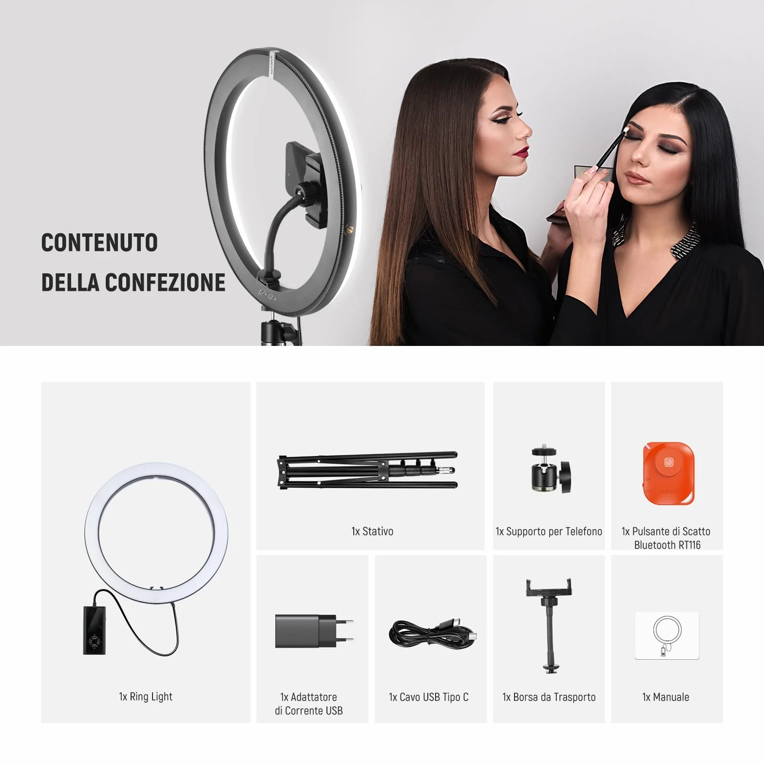 NEEWER LED Ring Light 24W 30cm z Treppiedem, Bicolore 2900-7000K, PD USB C, CRI97+, 1810lux/0,5m, RH12B K2