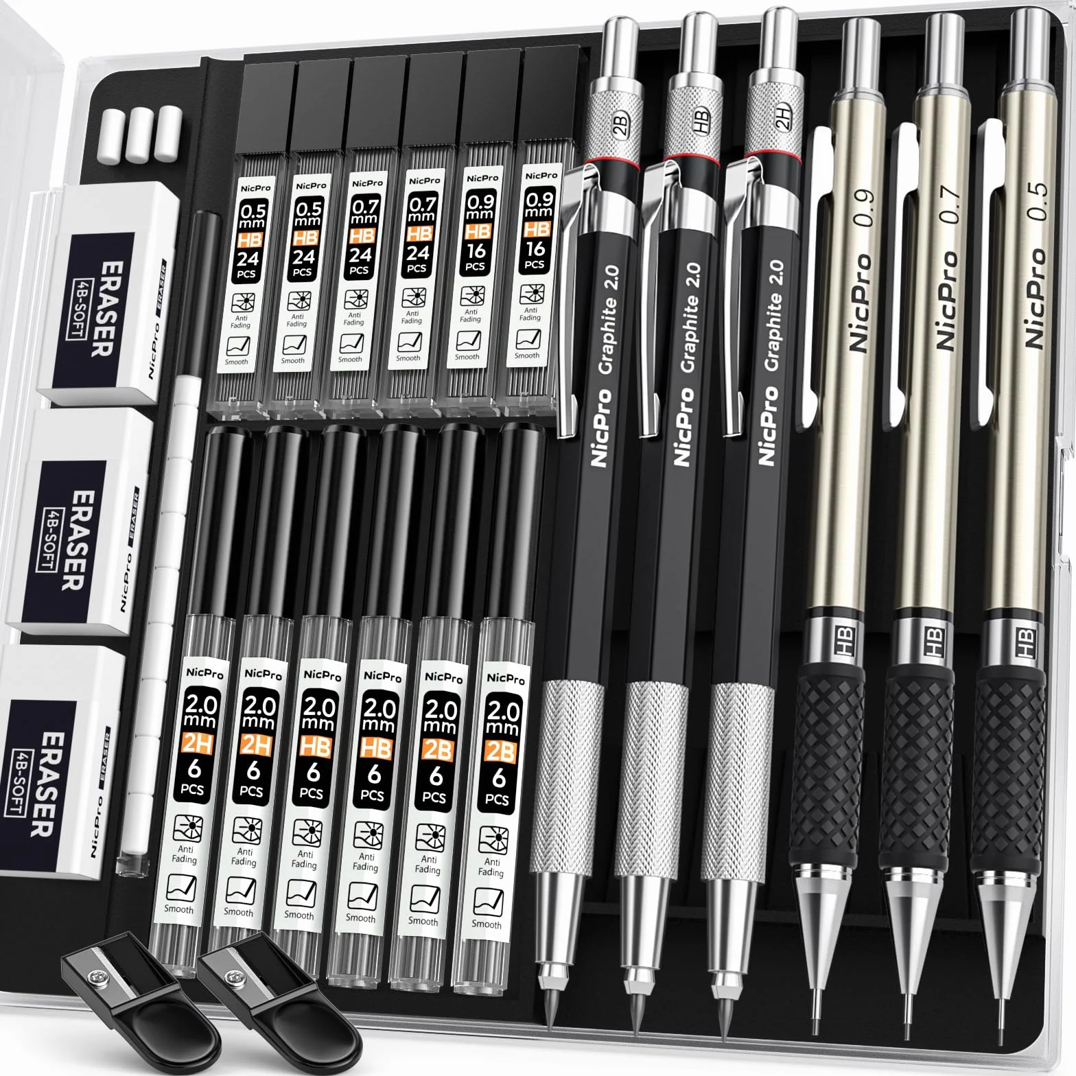 Nicpro 6 Pezzi Metallo Matite Meccaniche Set, 0,5 mm 0,7 mm 0,9 mm 2mm, Portamine con 12 Tubo Mine, Gomma, Temperamatite, Astuccio per Artista