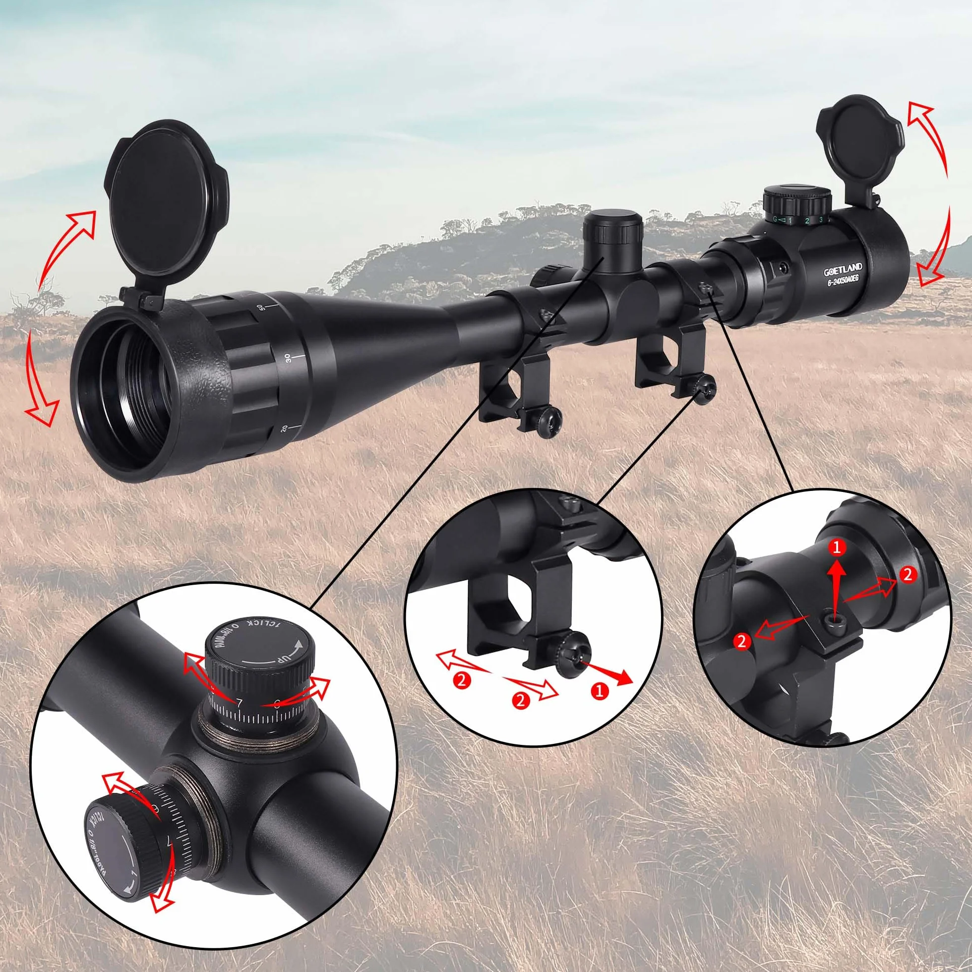 Goetland Lunettes de Visée 6-24x50 AOEG Télémètre Rouge Vert Bleu Illuminé SFP pour Chasse Airsoft Tir Sportif
