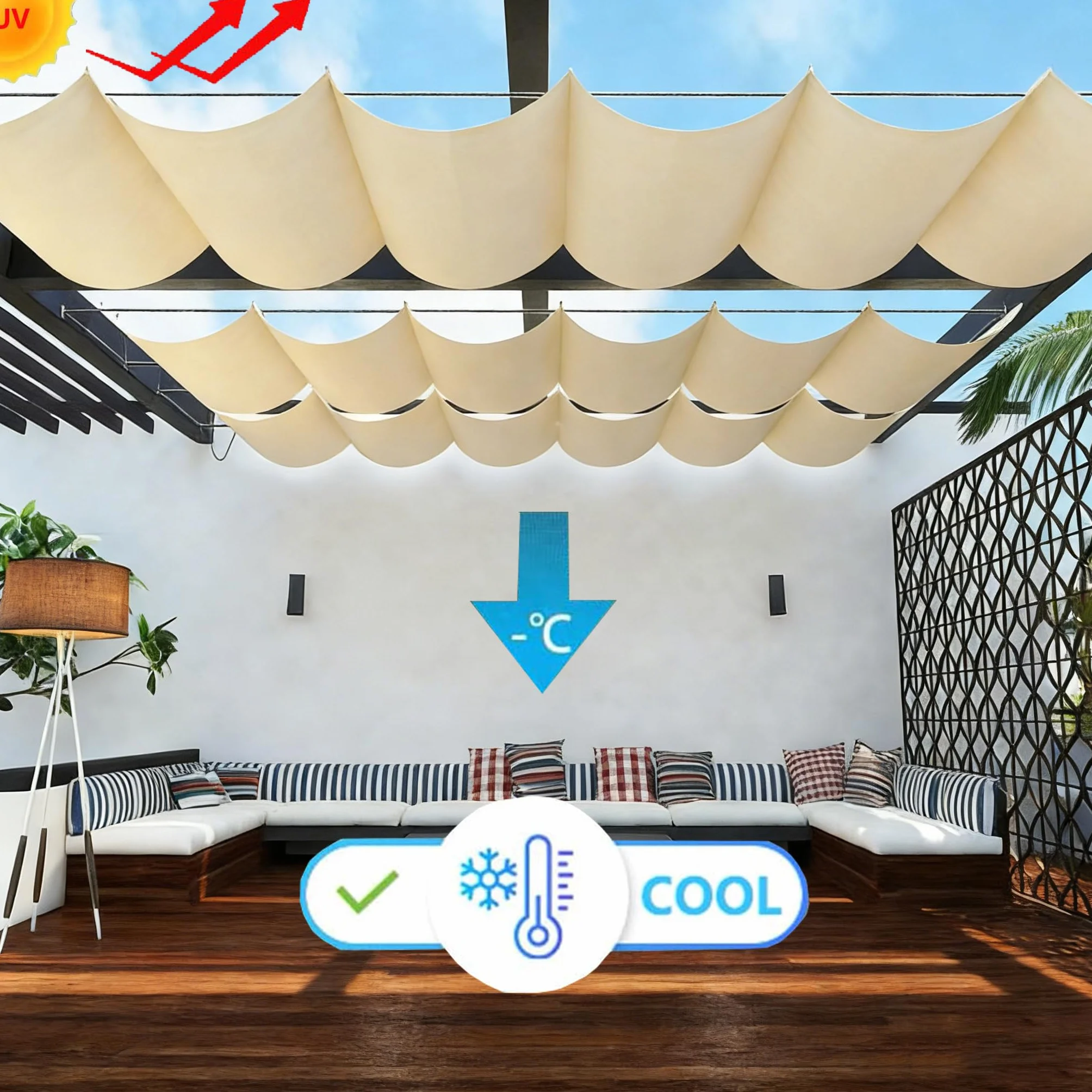 Vela Ombreggiante a Onda Retrattile Impermeabile Telo Parasole Protezione UV per Giardino Terrazza 0.9x3M Crema