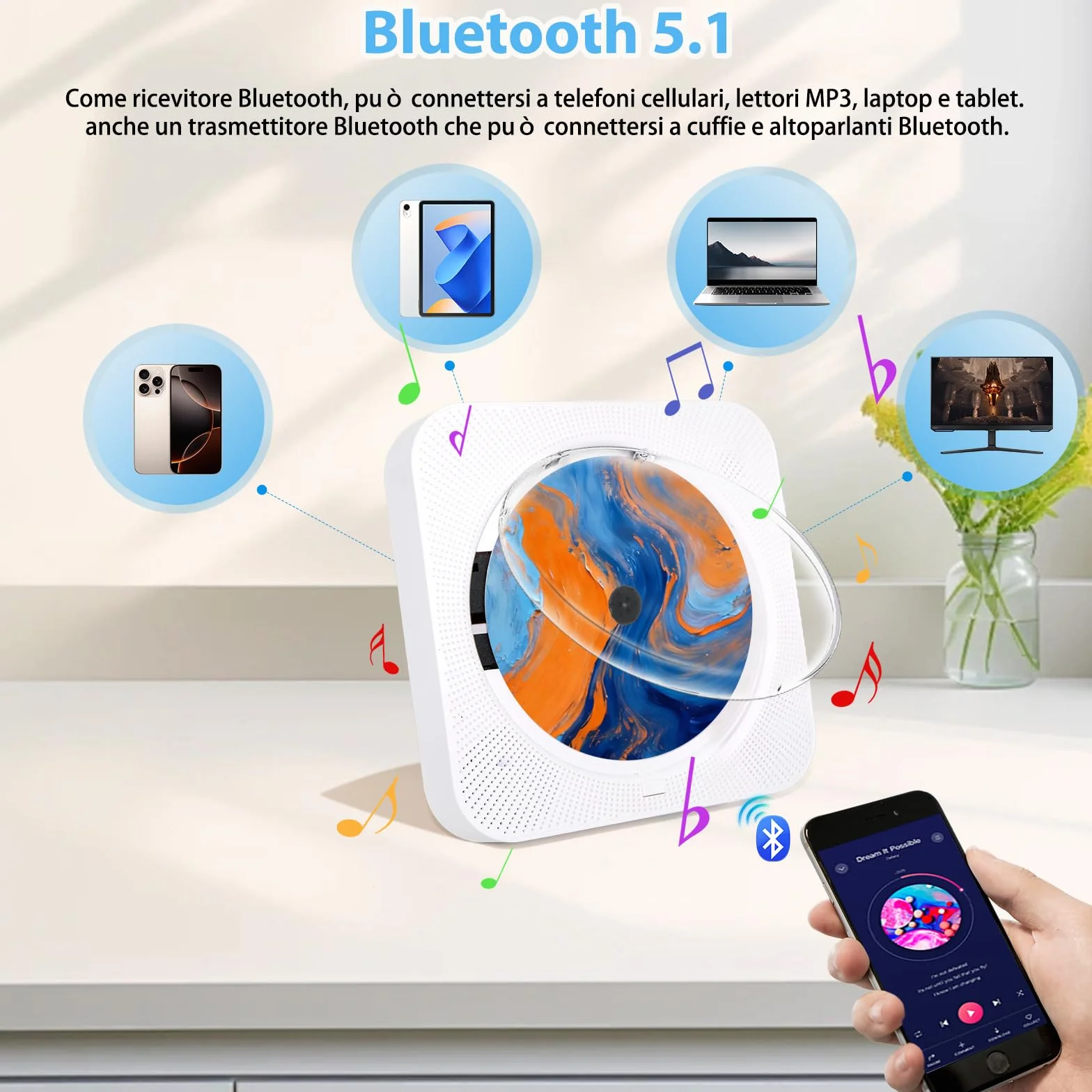 Lettore CD Portatile Bluetooth 5.1 con Altoparlanti, Radio FM USB/AUX, Bianco