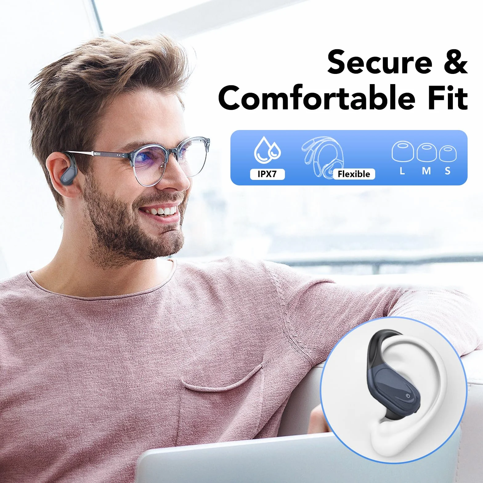 Cuffie Bluetooth Sport 5.3 Gancio Orecchio 60H LED Ricarica ENC IPX7 Impermeabile Nero