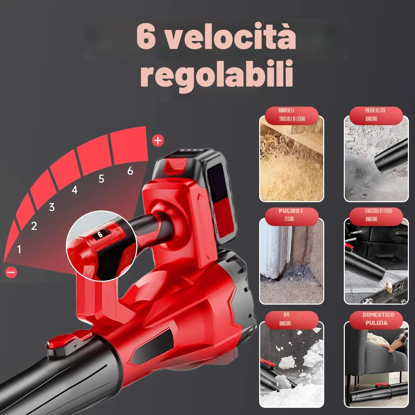 Soffiatore batteria 21 V, soffiatore di foglie senza fili con batteria e caricabatterie, 6 velocità, 210 km/h, soffiatore a foglia potente per giardino, manutenzione del prato e rimozione della neve