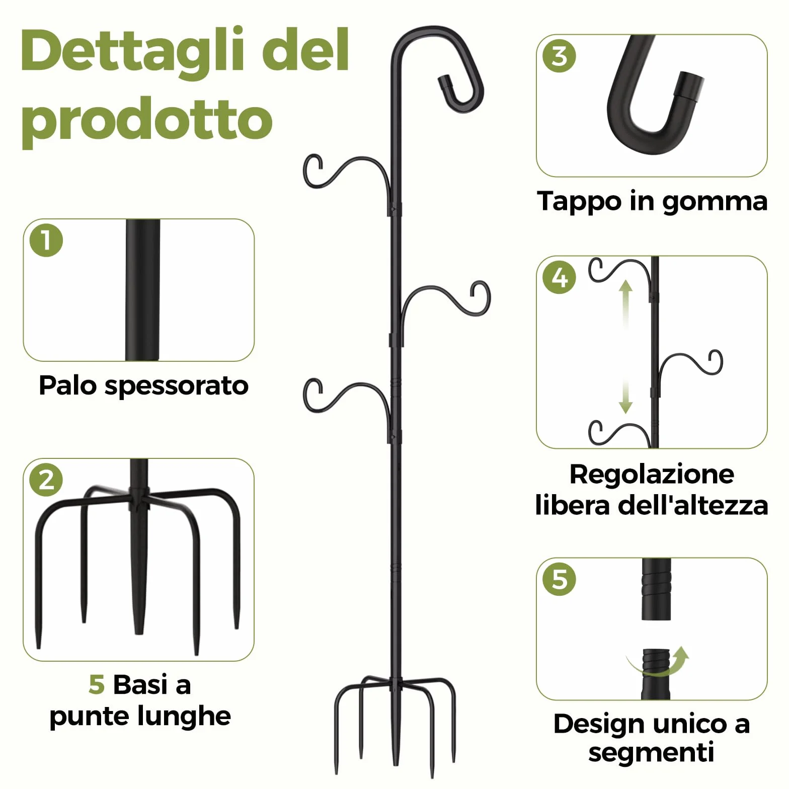 Bamworld Gancio da Pastore da Esterno 120cm per Piante Sospese - Supporto Giardino con 4 Ganci Regolabili