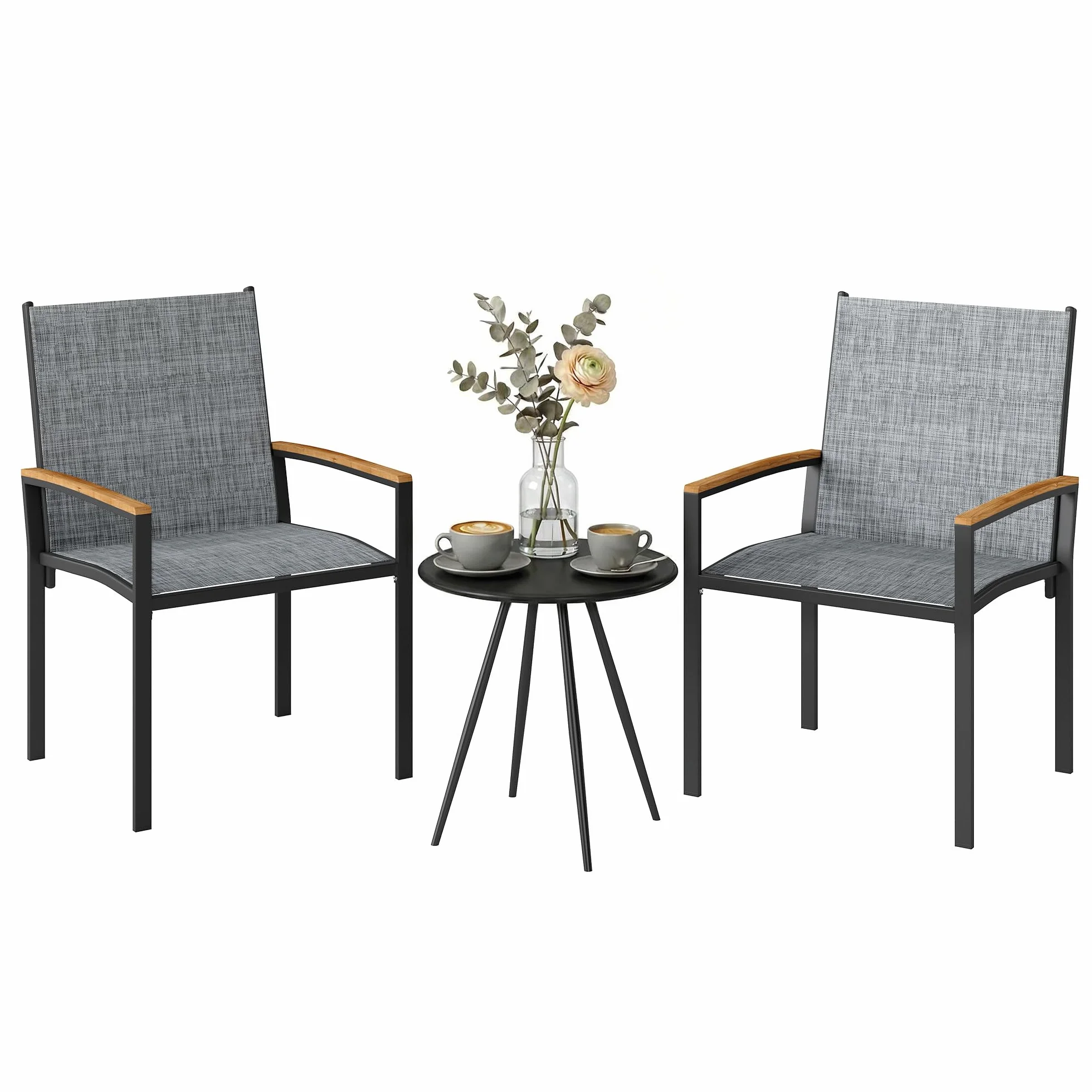 Outsunny Set da Bistrò da 3 Pezzi, Set da Giardino con 2 Sedie Texteline, Tavolo con Piano Metallo, Braccioli Decorativi, Set di Mobili da Giardino in Acciaio, per Patio Balcone Terrazzo, Grigio Misto