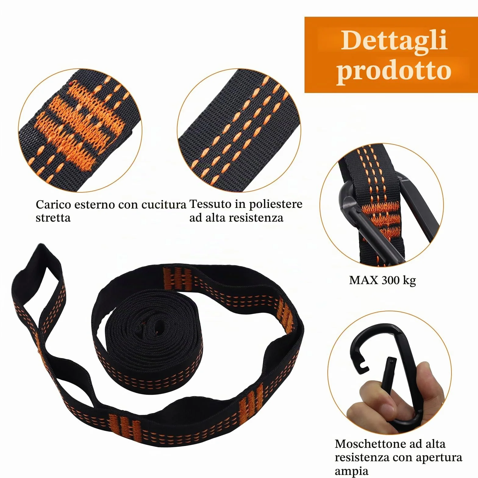 CONNECTION 2 Pezzi Cinghie per Amaca da Campeggio 2 m x 2.5 cm 300 kg con Moschettoni e Custodia