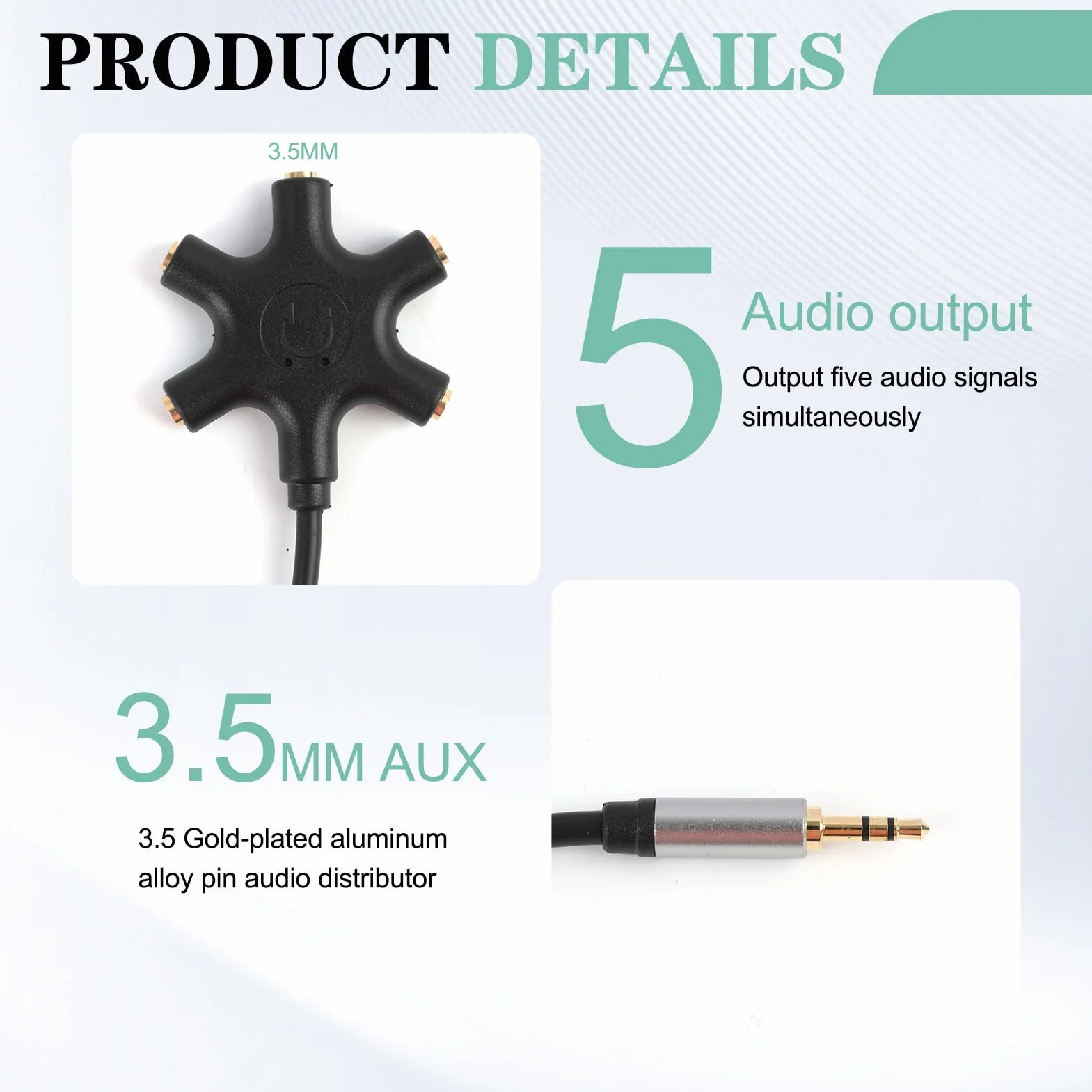 Splitter jack 3,5 mm 5 porte per auricolari multipli, separatore cuffie audio compatto compatibile iPhone iPad MP3 tablet