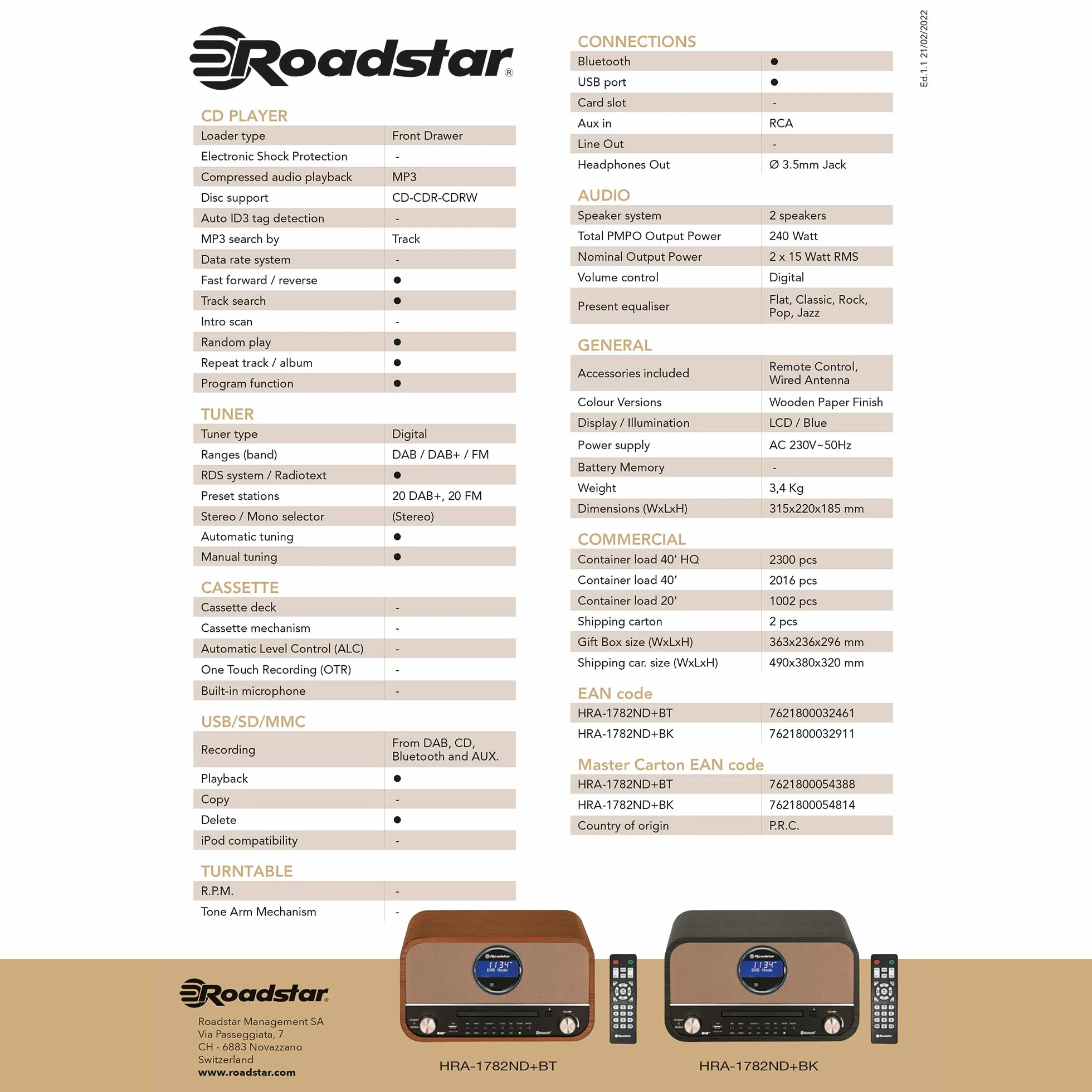 Roadstar HRA1782ND+BK Sistema Micro Vintage Radio DAB DAB+ FM CD MP3 Bluetooth Stereo Nero