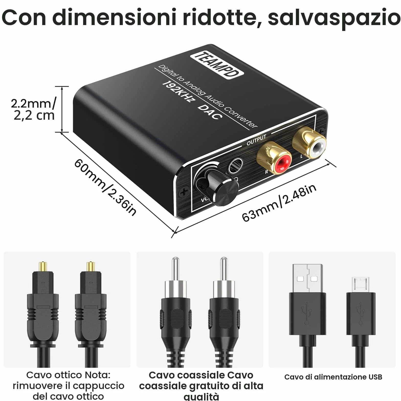 TEAMPD Convertitore Audio Digitale Analogico 192kHz Toslink Coassiale RCA 3,5mm