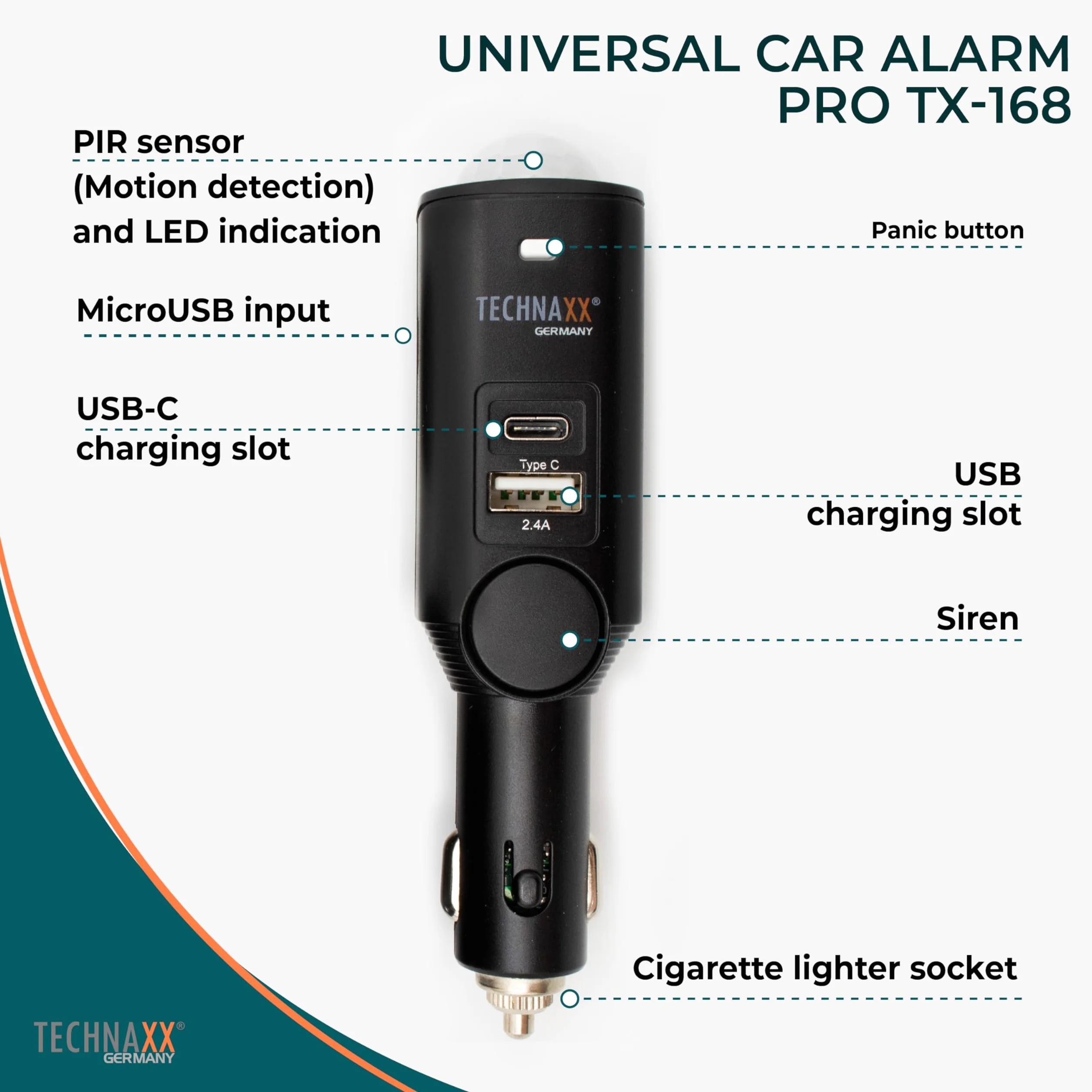 Technaxx Allarme auto con sensore di movimento PIR 105 dB – Sistema di sicurezza veicoli telecomando TX-168