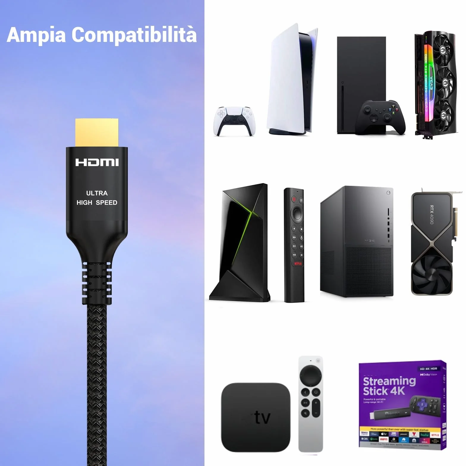 Cavo HDMI 2.1 2M 48Gbps Ultra Alta Velocità 4K 240Hz 144Hz 120Hz 8K 60Hz 10K eARC HDR HDCP 2.3