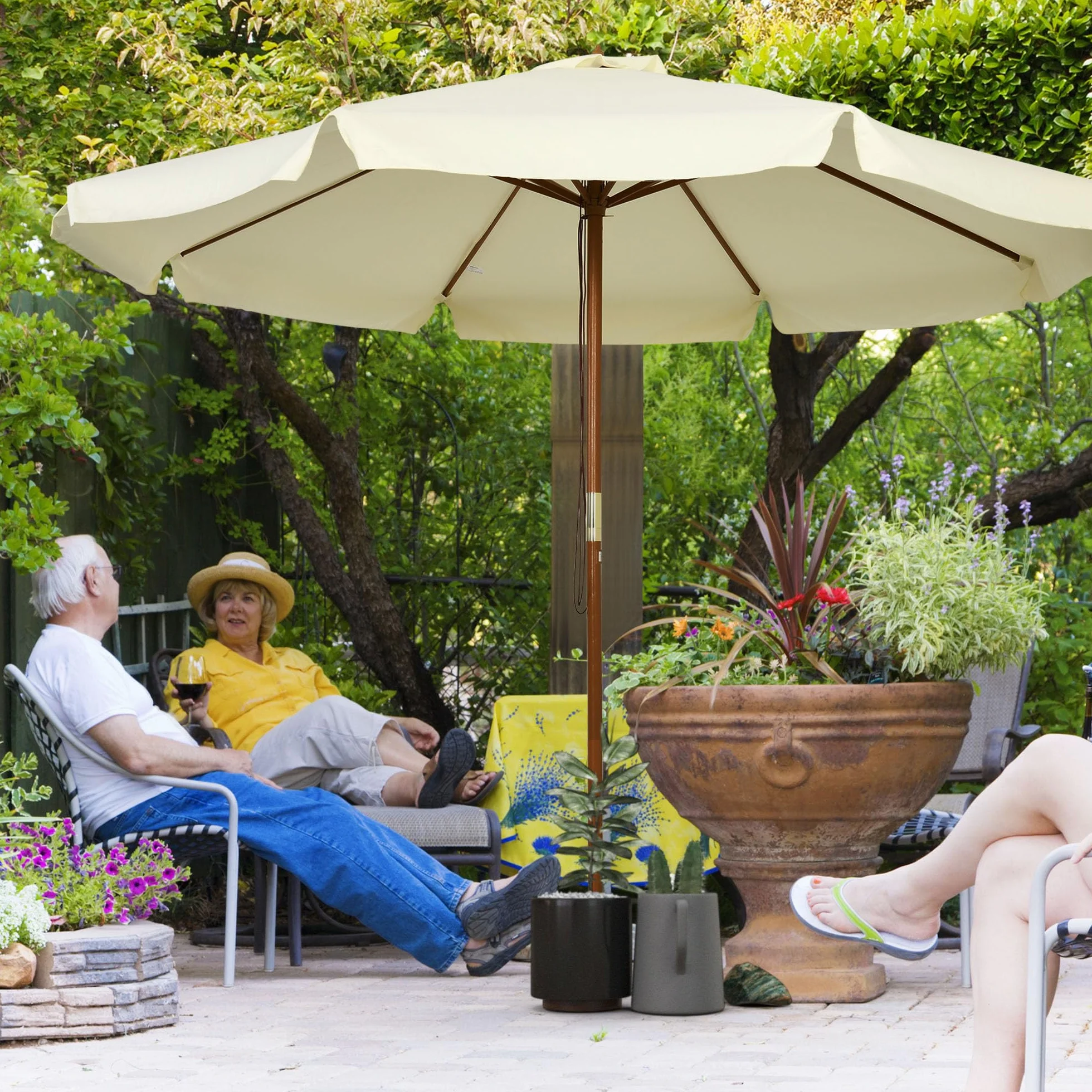Outsunny Ombrellone da Giardino Ø3.25m con Corde, Apertura Regolabile e Prese d'Aria, Ombrellone da Esterno con 8 Stecche in Legno, Bambù e Poliestere 180g/㎡, per Cortile, Terrazza e Balcone
