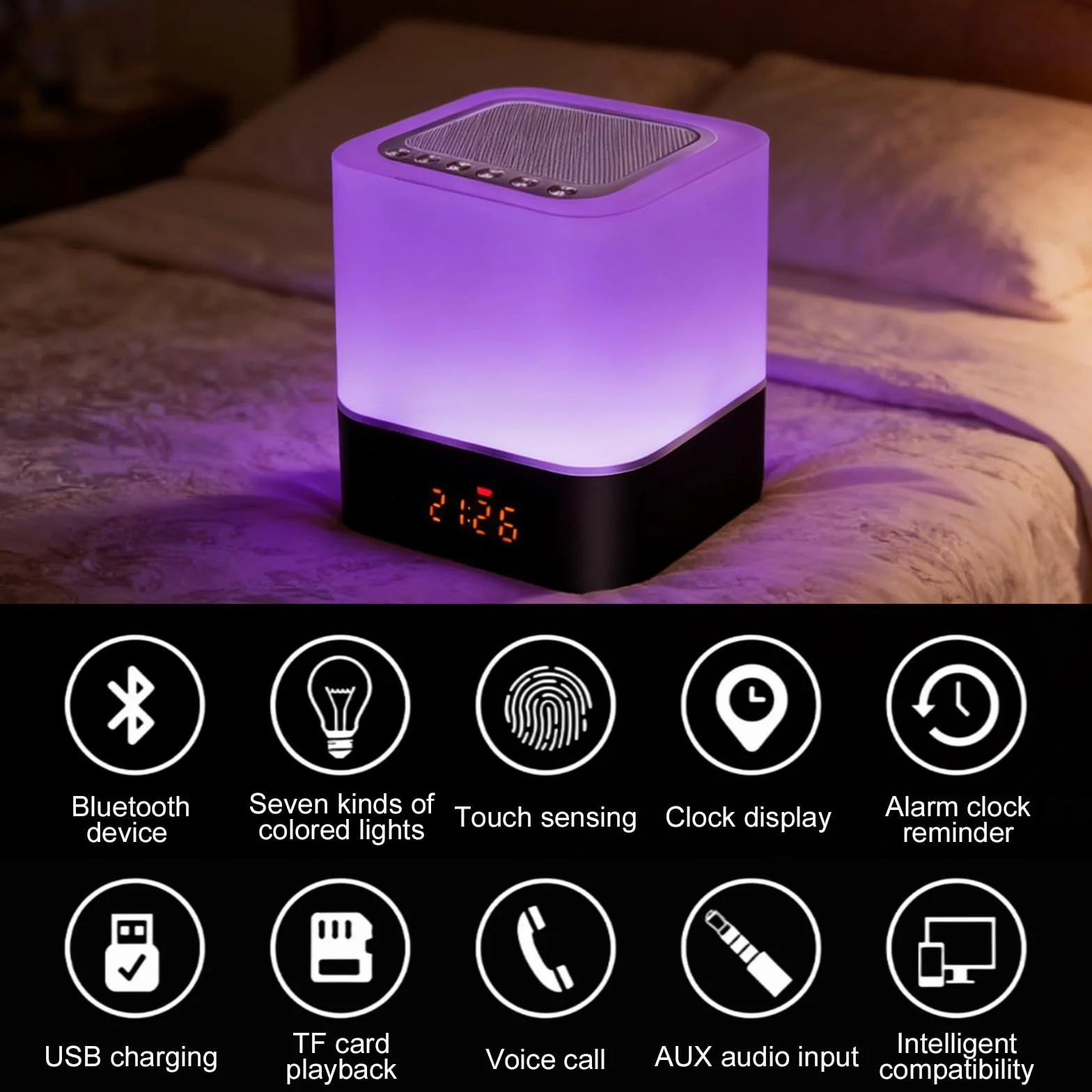 BORDEAG Altoparlante Bluetooth Sveglia con Luce LED Touch, Lampada da Comodino Dimmerabile, Lettore MP3
