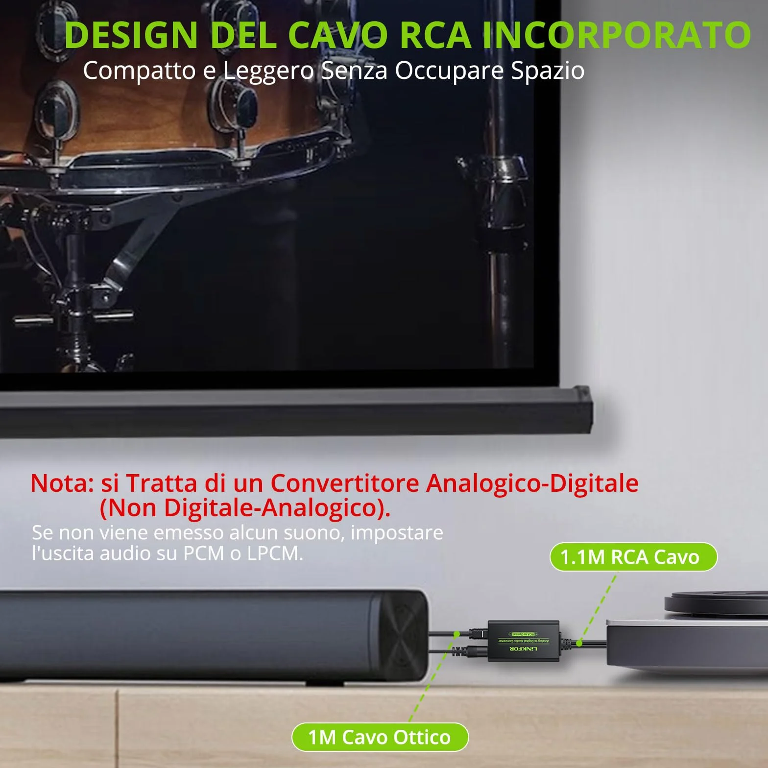 LiNKFOR Convertitore Audio RCA-SPDIF con Cavo da 1m, Adattatore Ottico Analogico-Digitale per HDTV