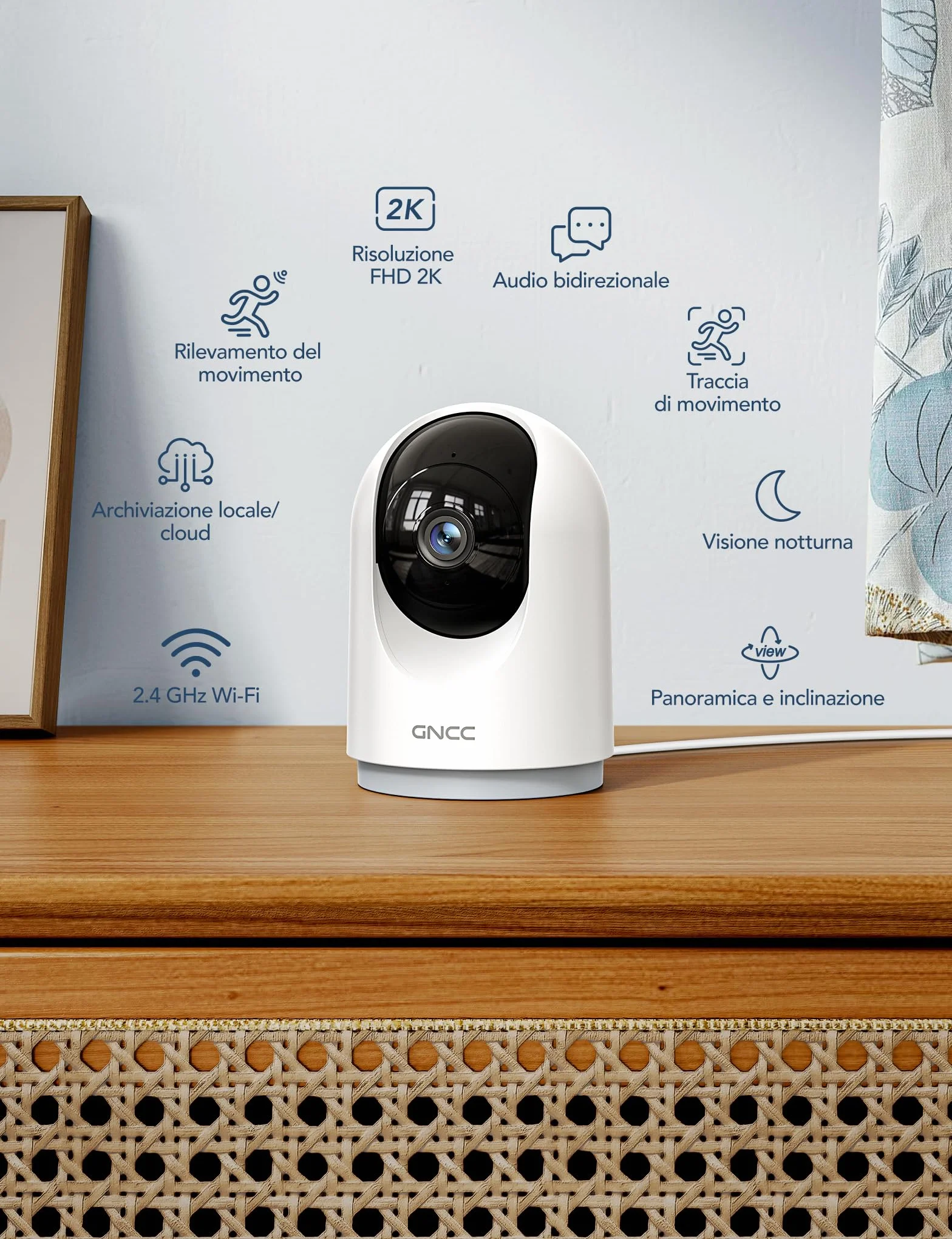 GNCC Telecamera WiFi Interno 2K Sorveglianza con Rilevamento Movimento Audio Bidirezionale Rotazione 360° Compatibile Alexa 2,4GHz