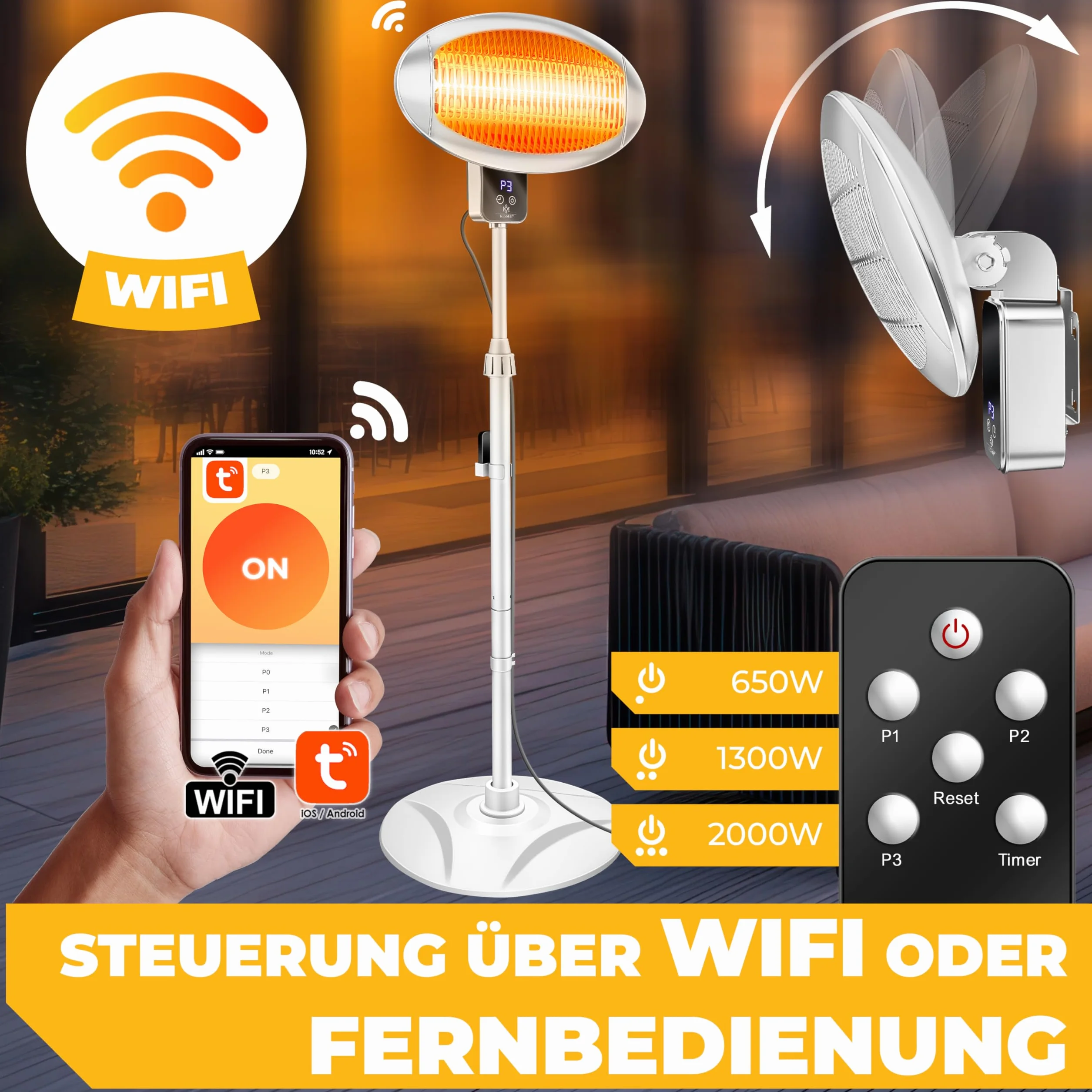 KESSER® Radiatore a Infrarossi 2000W con WIFI e Telecomando 360° Girevole, IPX4