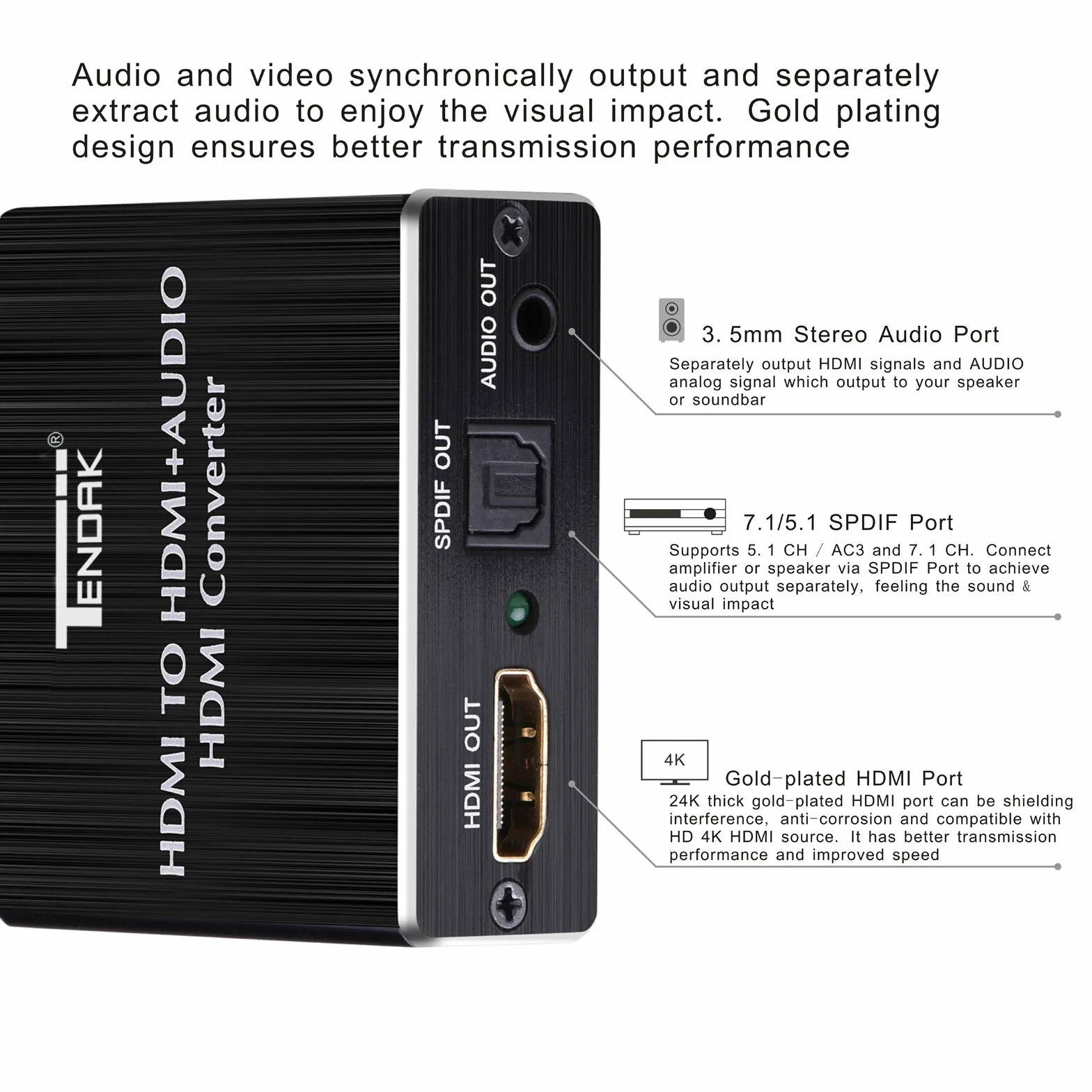Tendak Splitter audio HDMI 4K Estrattore HDMI a SPDIF TOSLINK ottico e stereo 3,5 mm Adattatore