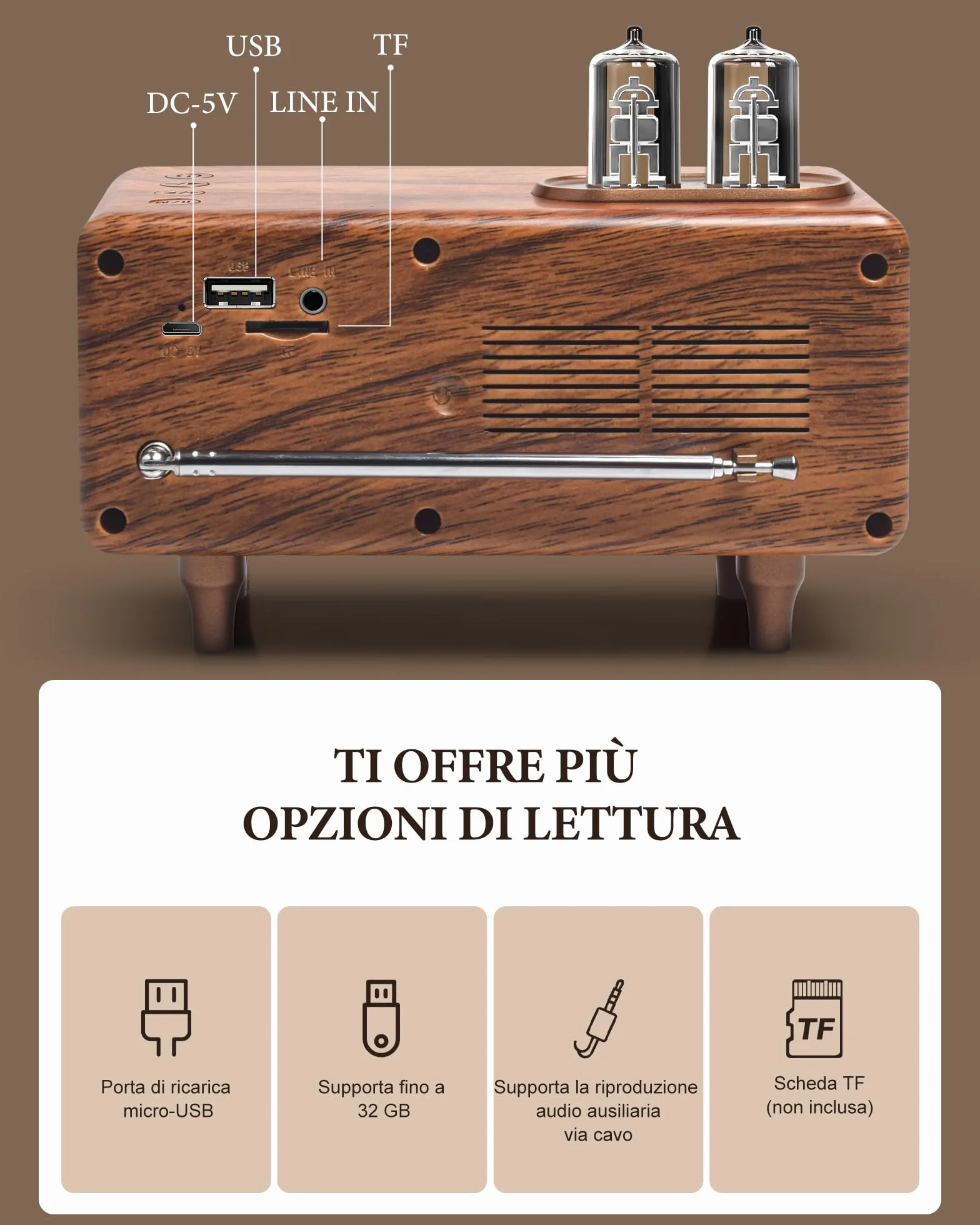 COLSUR Radio Vintage Legno, Radio Portatile Bluetooth AM FM Retrò Ricaricabile 1500mAh
