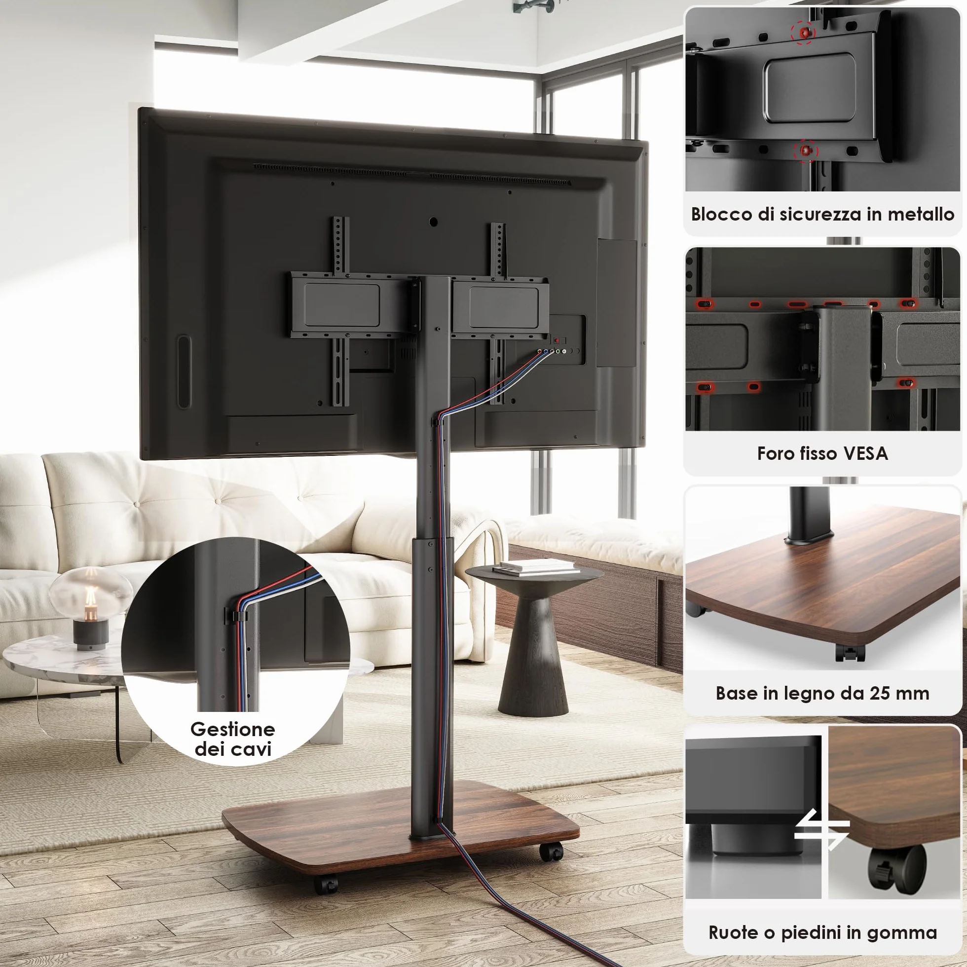 AOKCOS Carrello Porta TV con Ruote per 43-75 Pollici, Supporto TV da Pavimento Girevole e Regolabile in Altezza, Inclinabile, Base in Legno, VESA 600x400mm 50kg