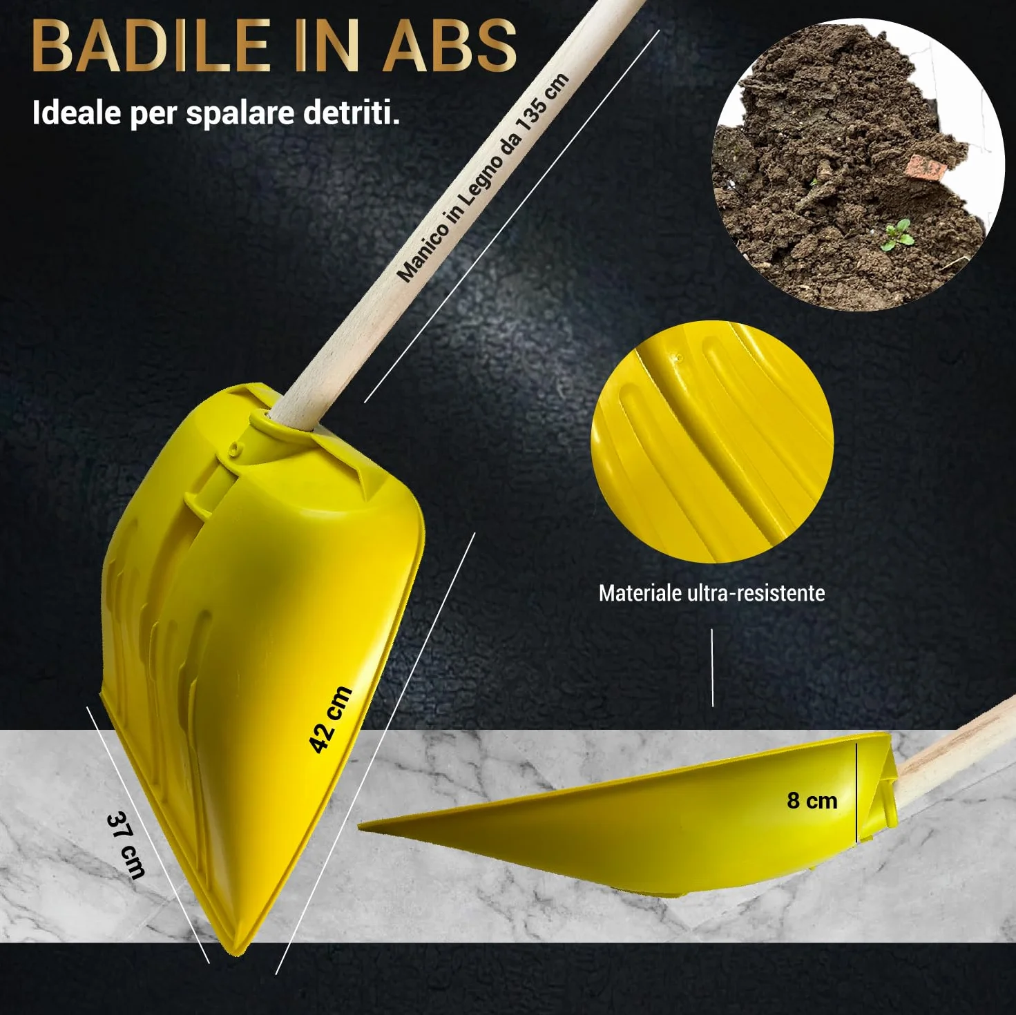 Crisalide® - Badile Super Resistente 37x42 cm con Manico in Legno - Versatile per Uso Agricolo, Giardinaggio e Lavori Pesanti, Multiuso, Pala da Neve