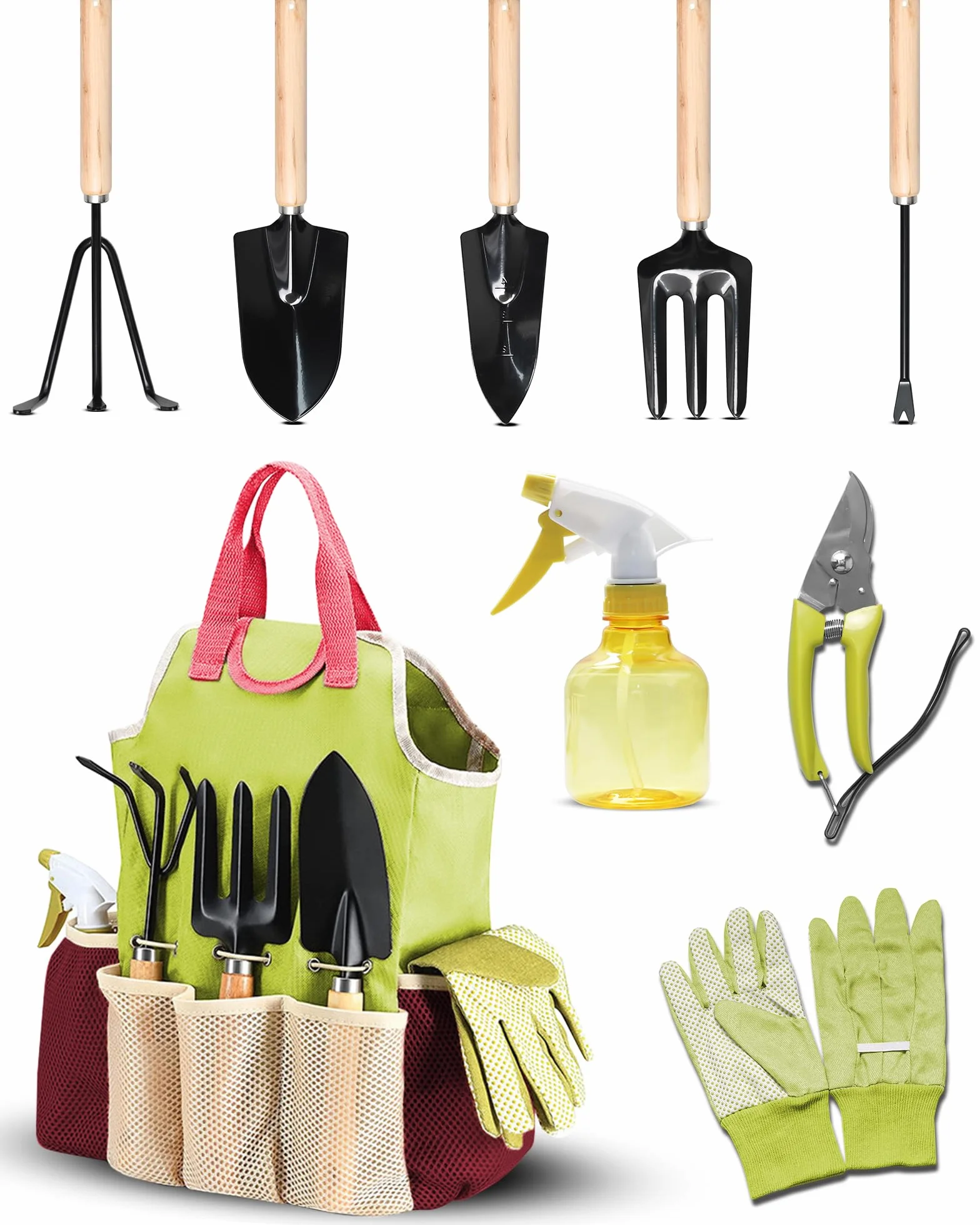Set di attrezzi da giardinaggio 9 Pezzi kit giardinaggio, Set Giardinaggio Regali da Giardino per donne e uomini, Include cesoie, rastrello da giardino e zappetta manuale