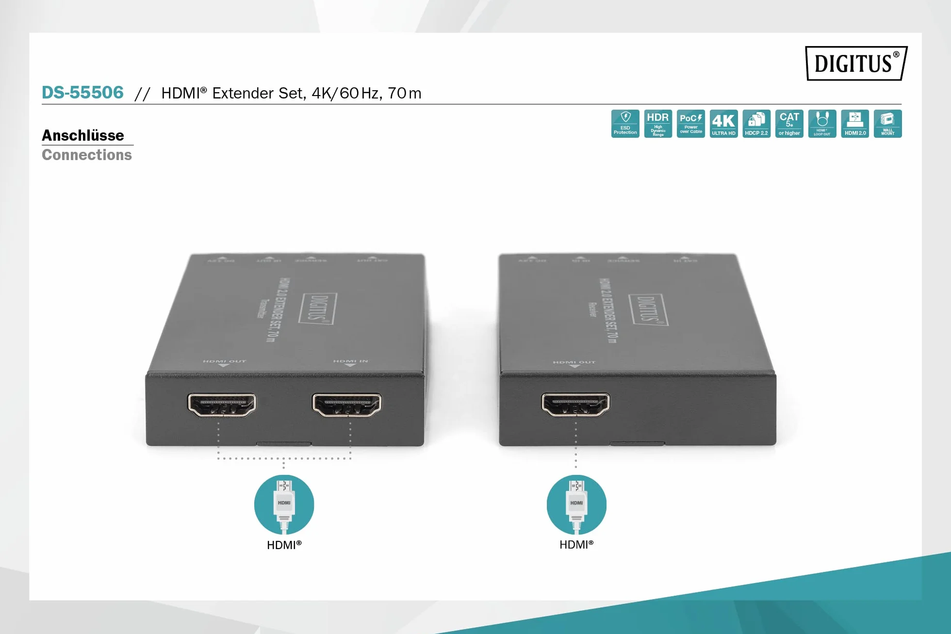 DIGITUS Set estensore HDMI 2.0 70 m 4K/60 Hz 18 Gbps HDCP 2.2 HDR PoC