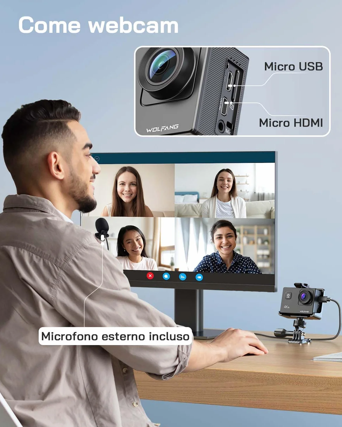 WOLFANG GA100 Action Cam 4K 30FPS 20MP 170° Grandangolo Impermeabile 40M con 32GB MicroSD EIS Telecomando 2.4G