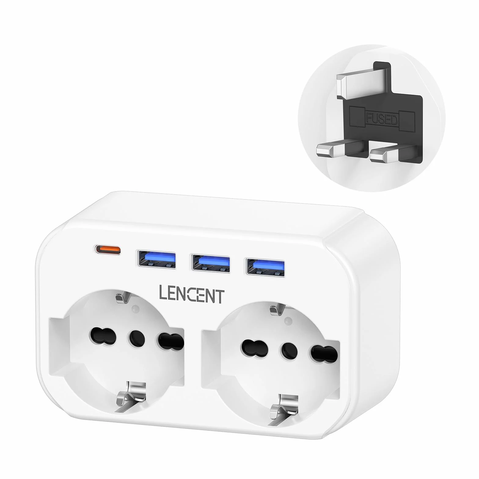 LENCENT Adattatore Presa Inglese 6 in 1 Spina Tipo G 2 Prese CA 3 USB 1 USB-C 3250W UK Viaggio