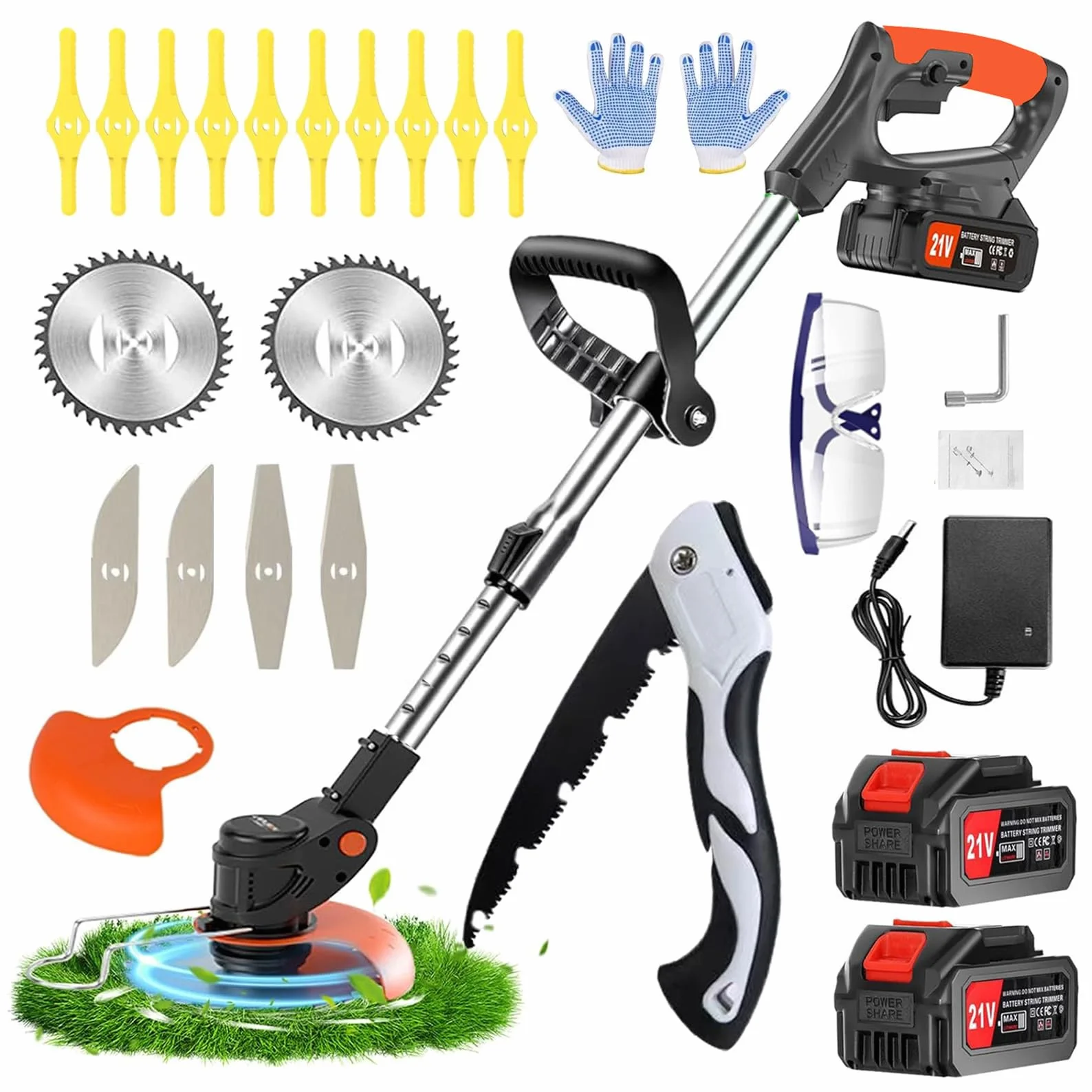 Decespugliatore a Batteria， 21V Tagliabordi a Batteria, Decespugliatore Elettrico con 2 2.0Ah Batterie e 3 Tipi di Lame, Altezza regolabile e testa girevole a 90°Per Il Taglio Di Giardini