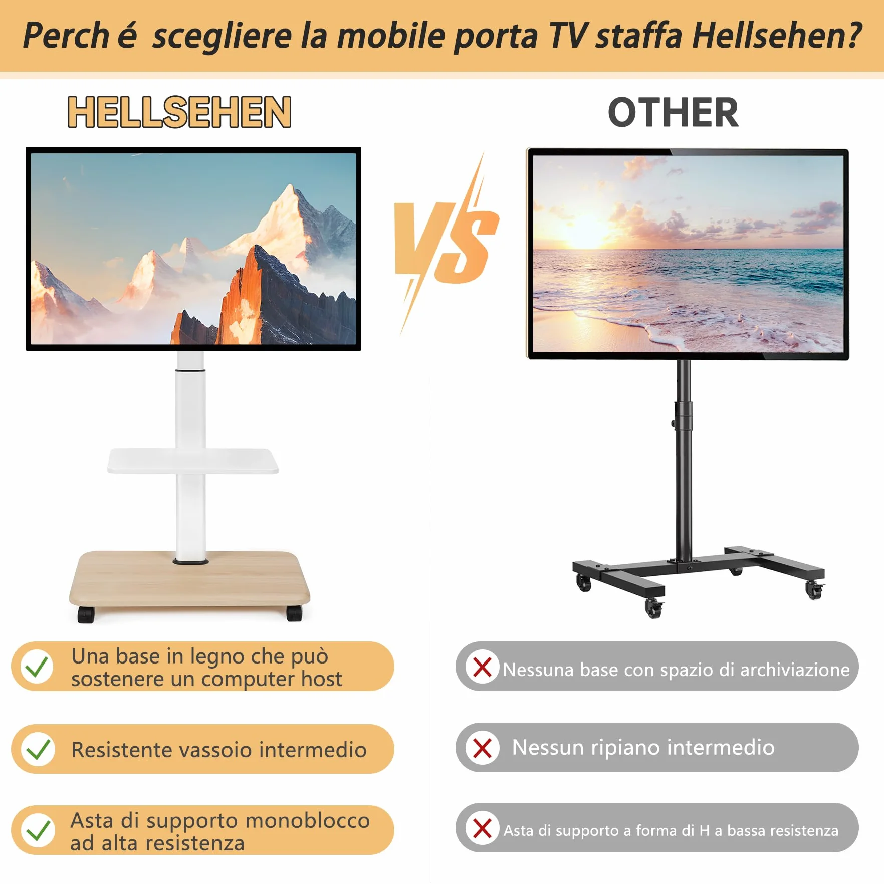 Supporto per TV con ruote bloccabili e ripiano per laptop, per schermi LED LCD OLED da 32-70 pollici, fino a 45,4 kg, altezza regolabile