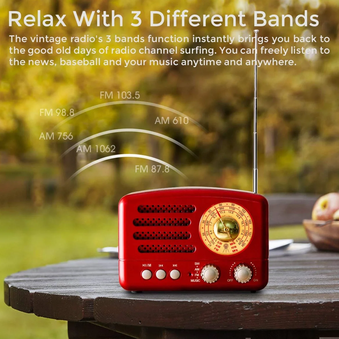 PRUNUS J-160 Radio Portatile Vintage FM/AM/SW, Altoparlante Bluetooth Retro, Batteria Ricaricabile 1800 mAh (Rosso)