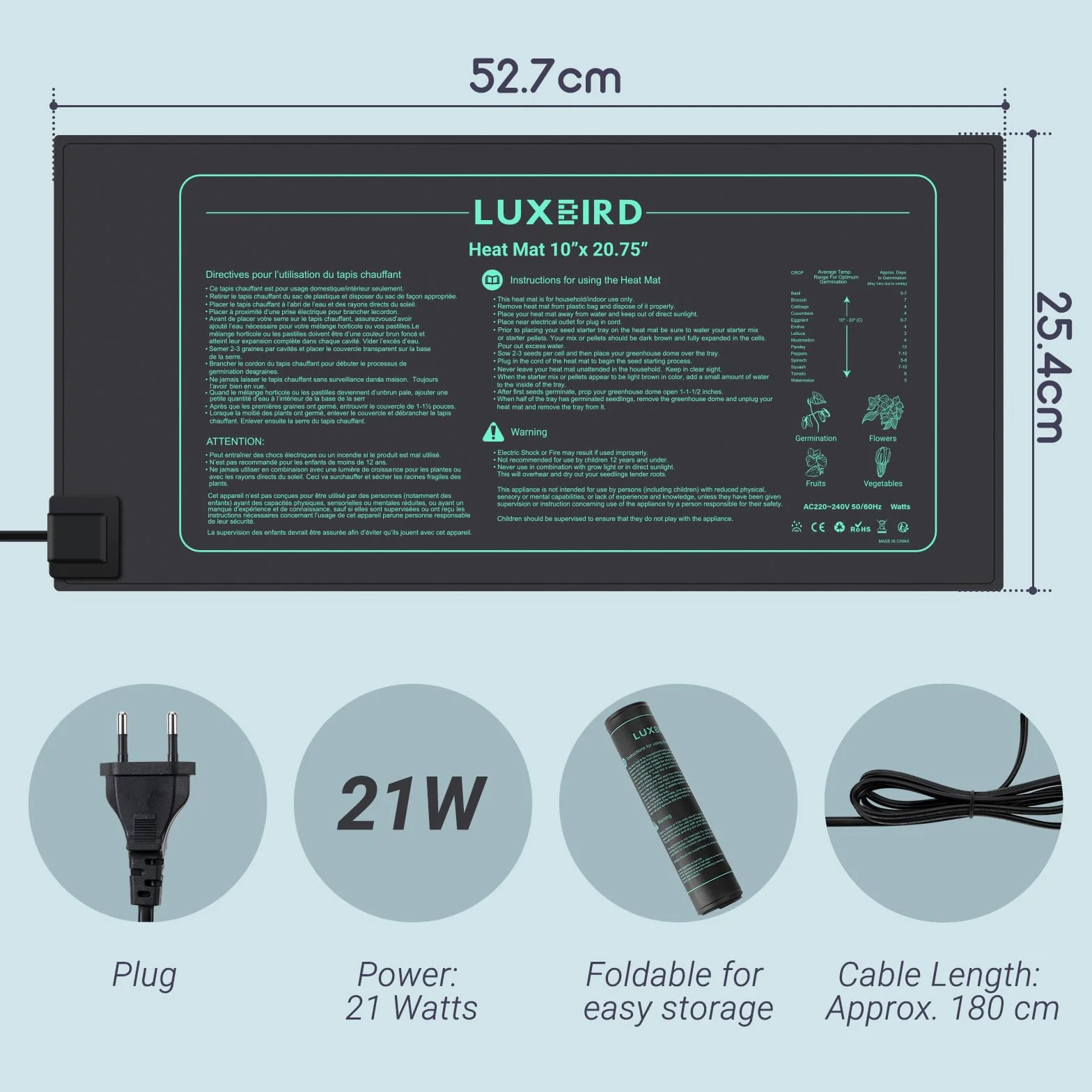 LUXBIRD Tappeto riscaldante per piantine 21 Watt Impermeabile IP67 52x25cm LB-HM21W
