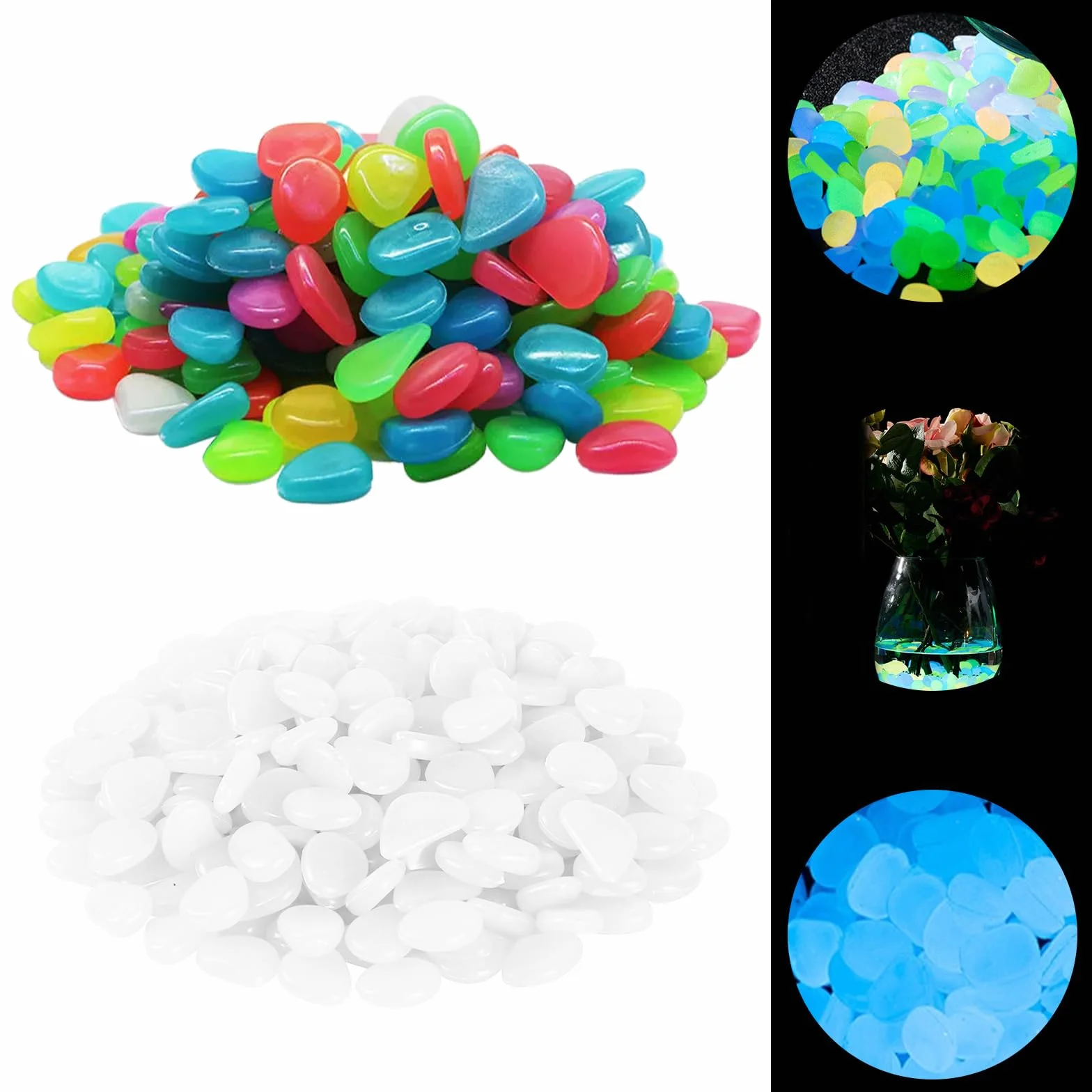 600 pietre luminose, pietre luminose colorate bianche, mini pietre decorative Muggelsteine, decorazione da giardino che si illumina al buio, ciottoli per vialetti del giardino, decorazione piante
