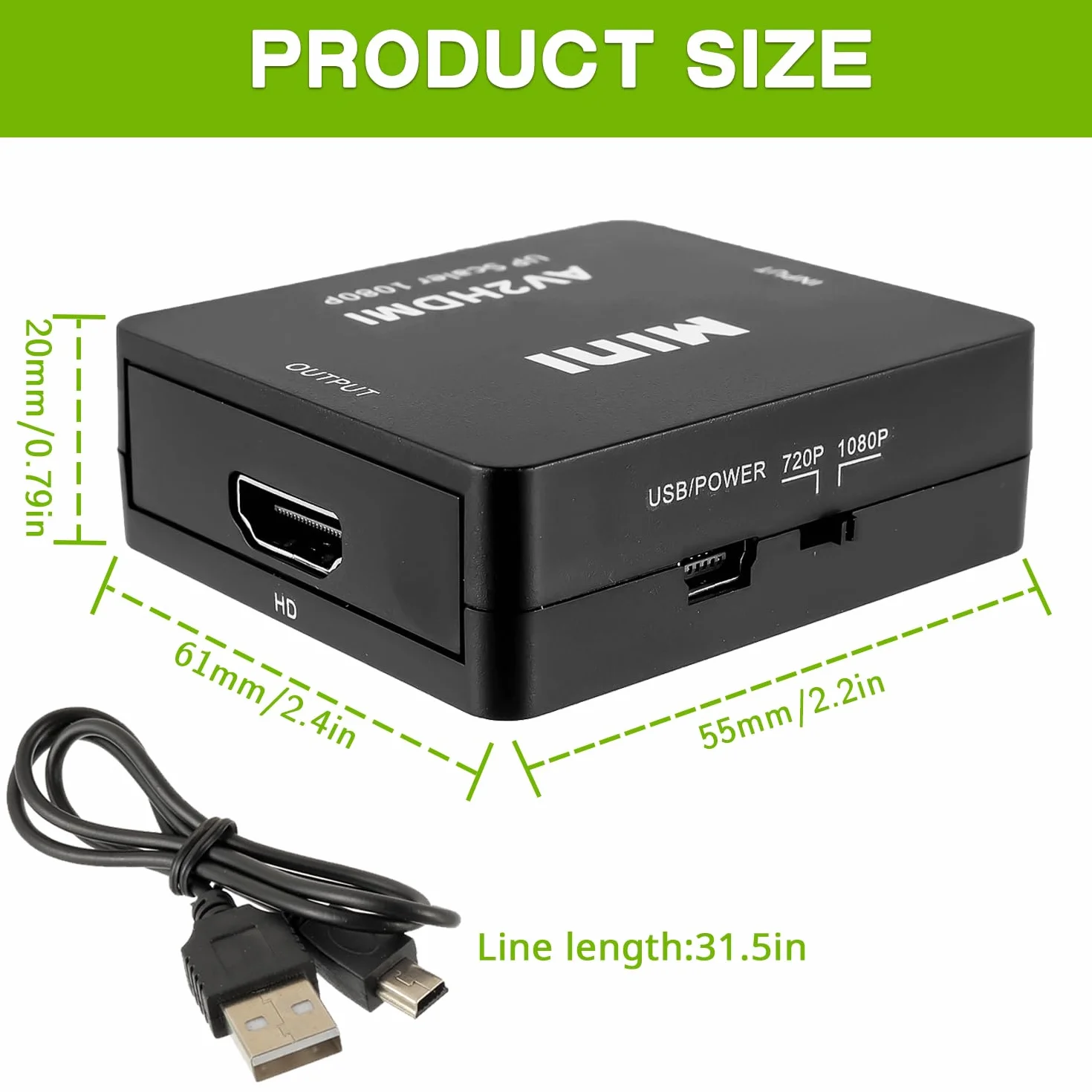 Konwerter RCA na HDMI 1080P Mini Composite CVBS Audio Video PAL/NTSC USB Czarny