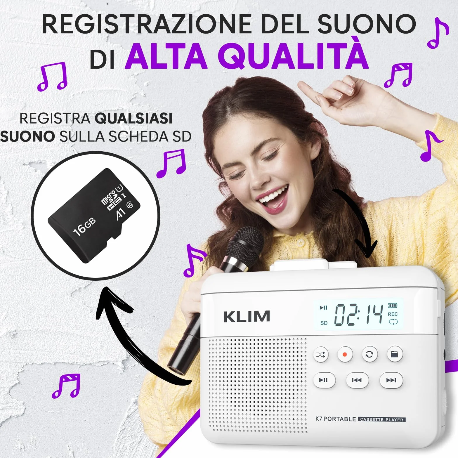 K7 Cassette Player Convertitore Cassette MP3 Lettore Audio Portatile Microfono Altoparlante Incorporati Batteria Ricaricabile Scheda SD 16 GB Bianco