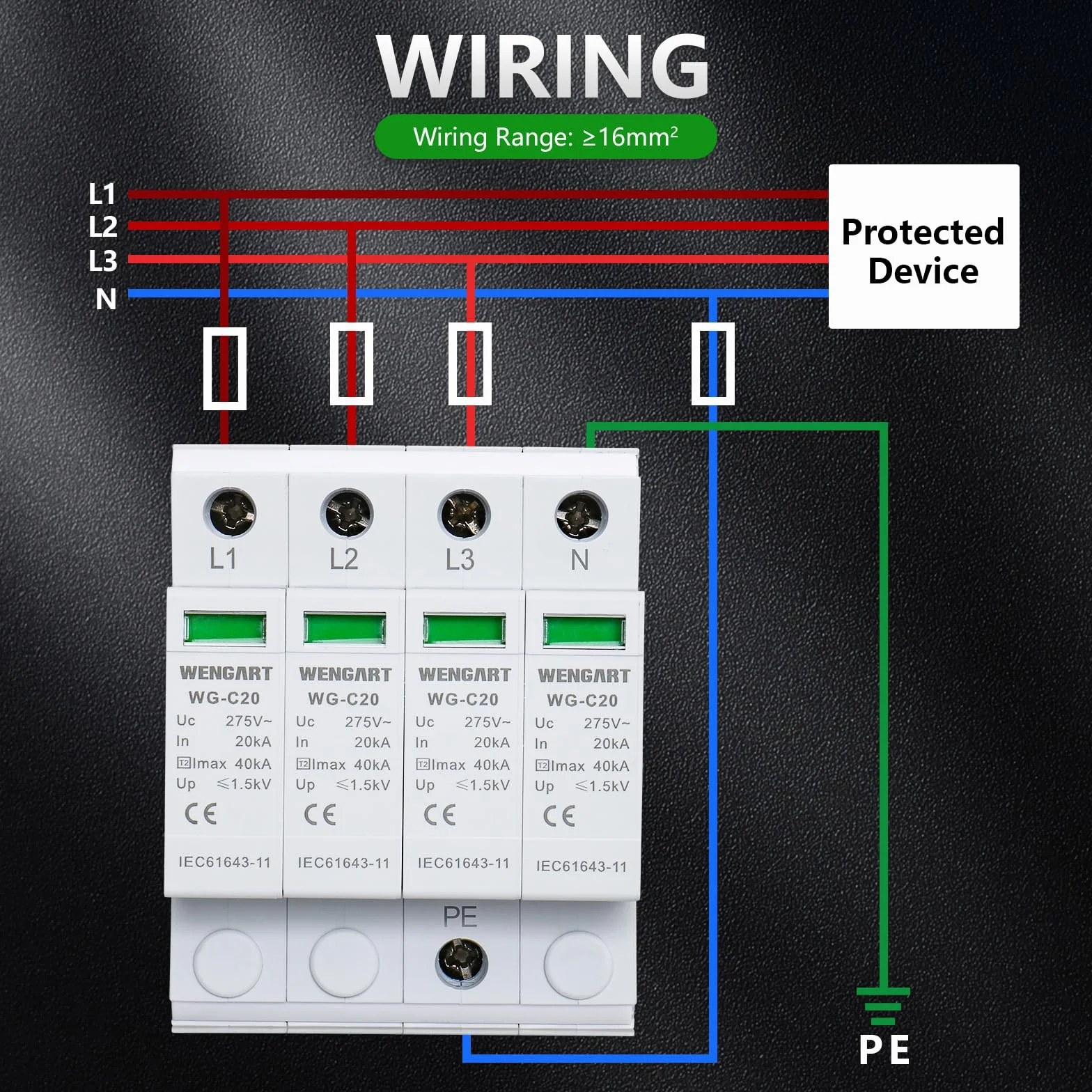 Wengart WG-C20 Dispositivo di protezione contro le sovratensioni 4P 20-40KA AC275V SPD Montaggio su guida DIN