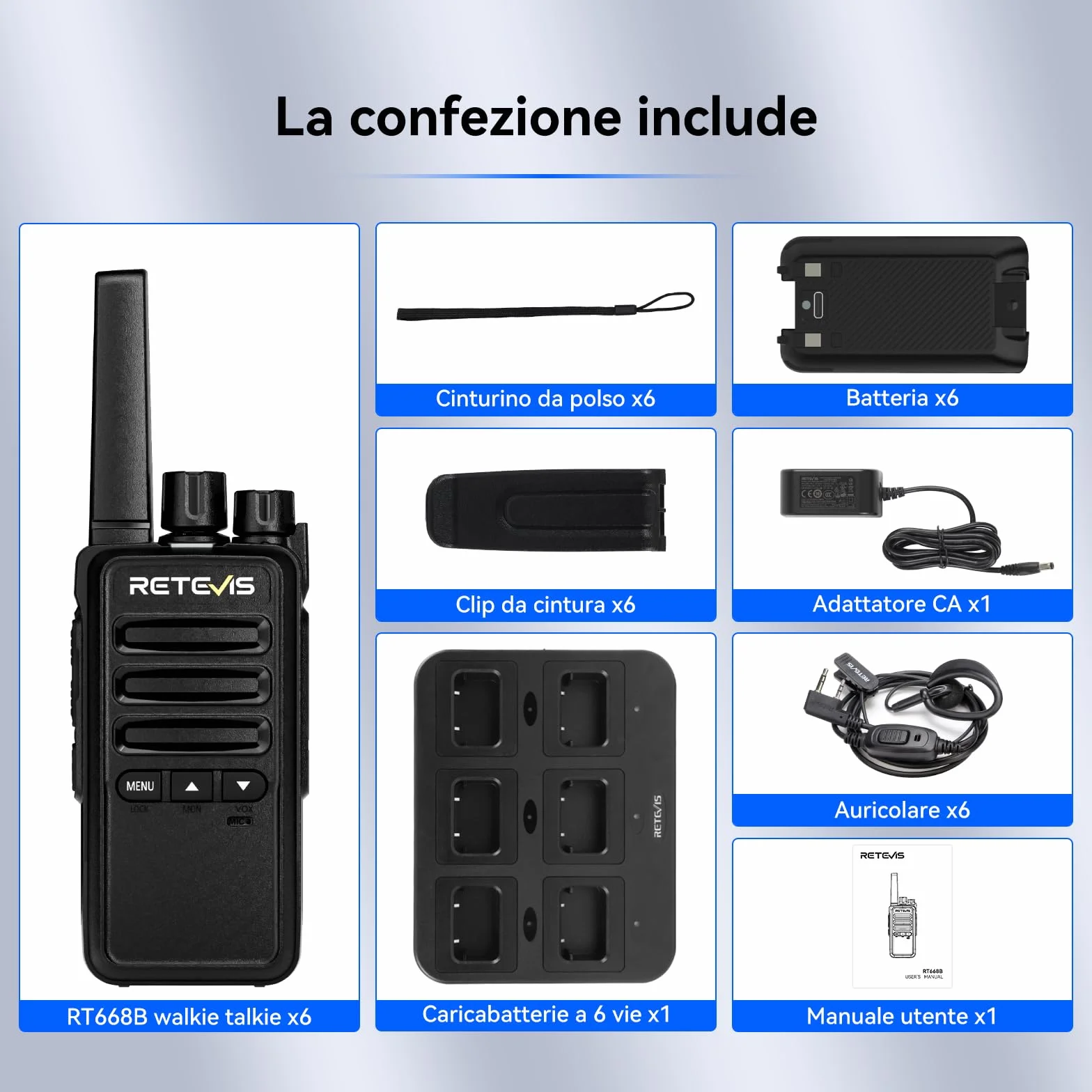 Retevis RT668B Walkie Talkie PMR446 6 Pezzi Nero con Caricatore a 6 Vie e Auricolare